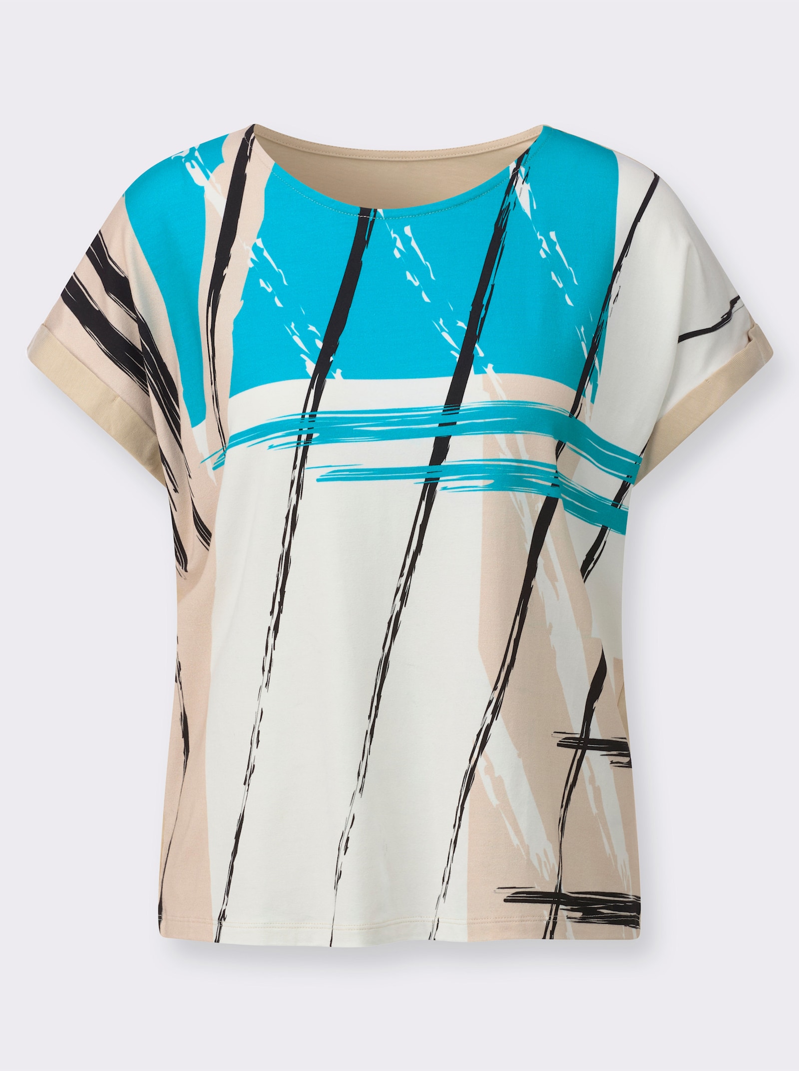 Print-Shirt mit überschnittenen Schultern - türkis-sand-bedruckt