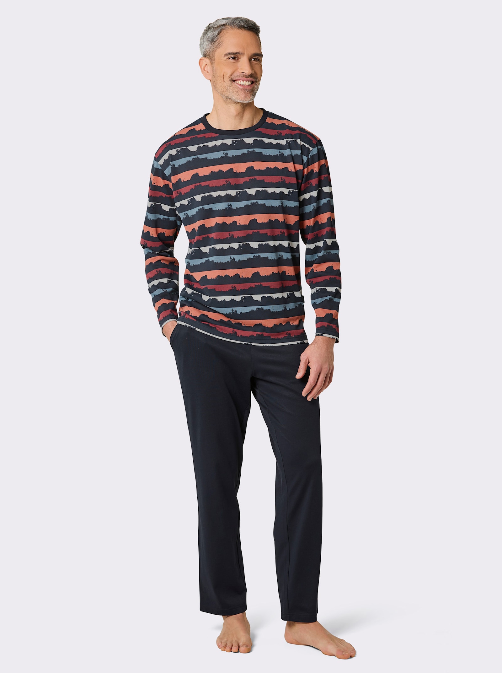 Hajo Schlafanzug mit Klimafasern - marine-papaya-bedruckt