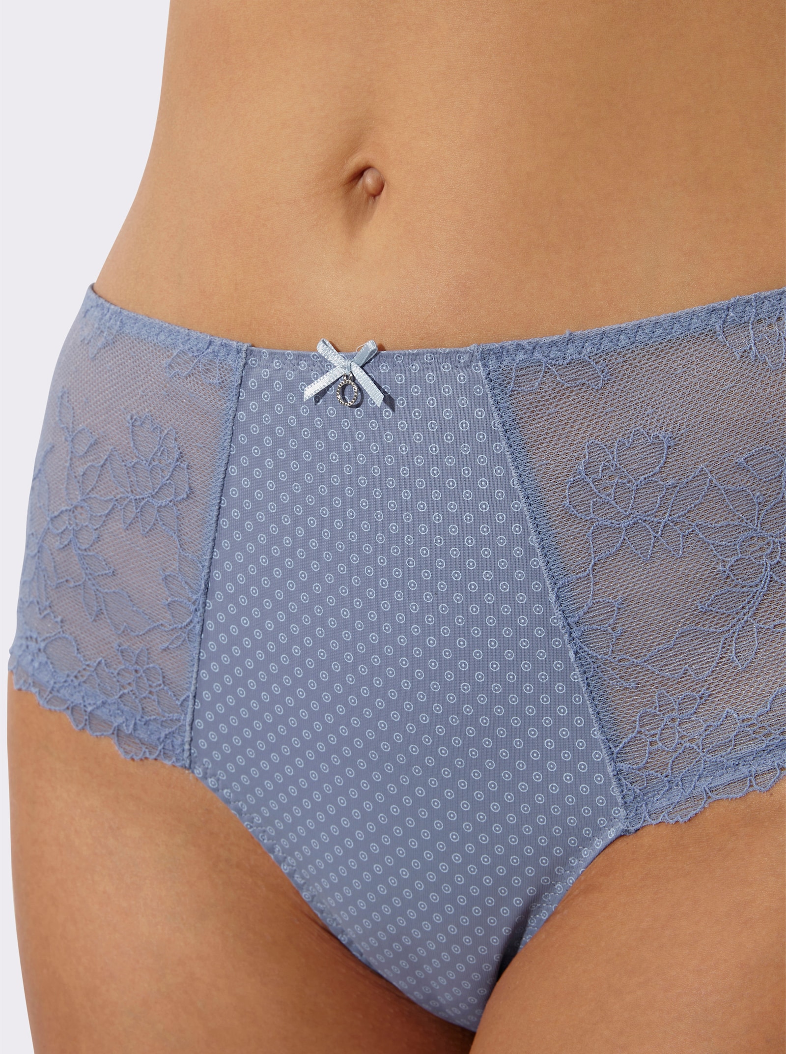 Hüftslip mit unterlegter, bedruckter Netzware - taubenblau