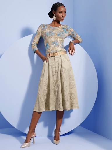 Rundhalsshirt mit Blütendruck rundum - sand-bleu-bedruckt