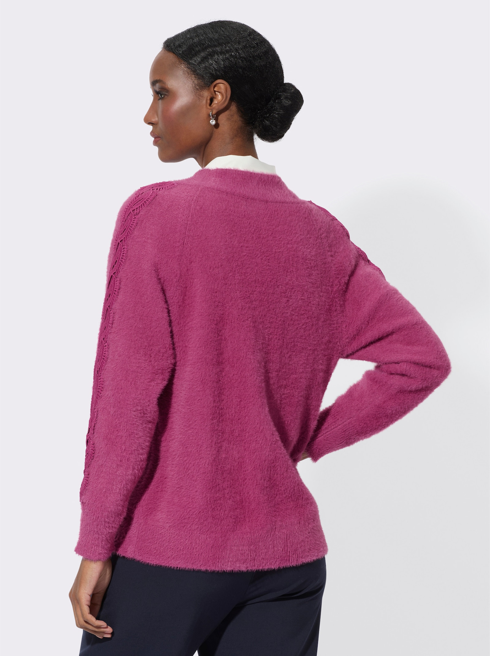 Jack van fijntricot met kanten band in vlechtlook - heide