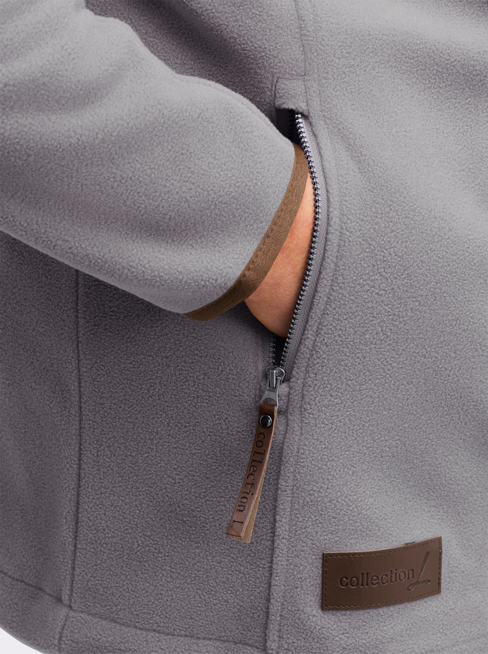 Kapuzenfleecejacke mit verdecktem Reißverschluss - steingrau-meliert