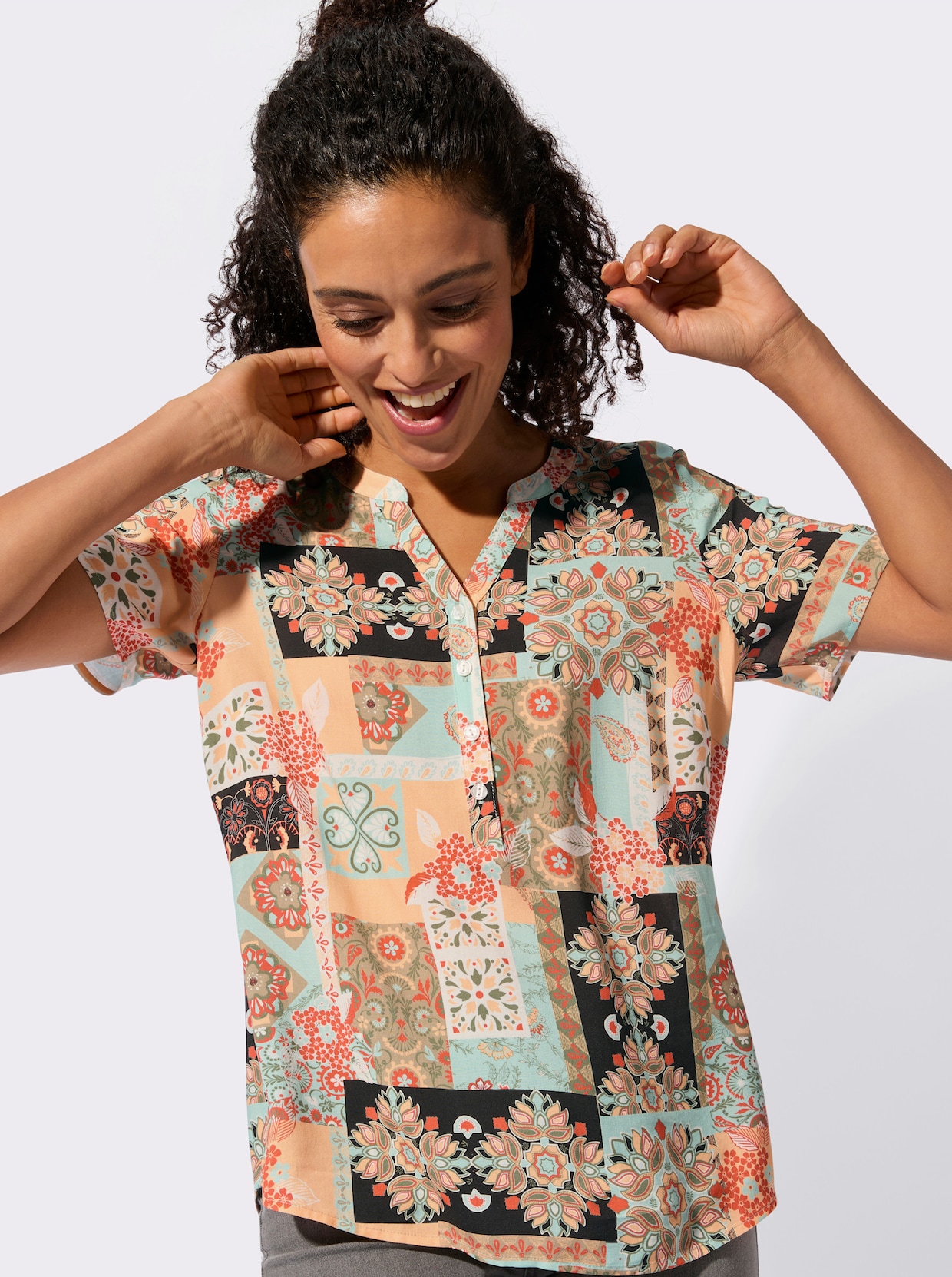 Kurzarm-Bluse - mint-apricot-bedruckt