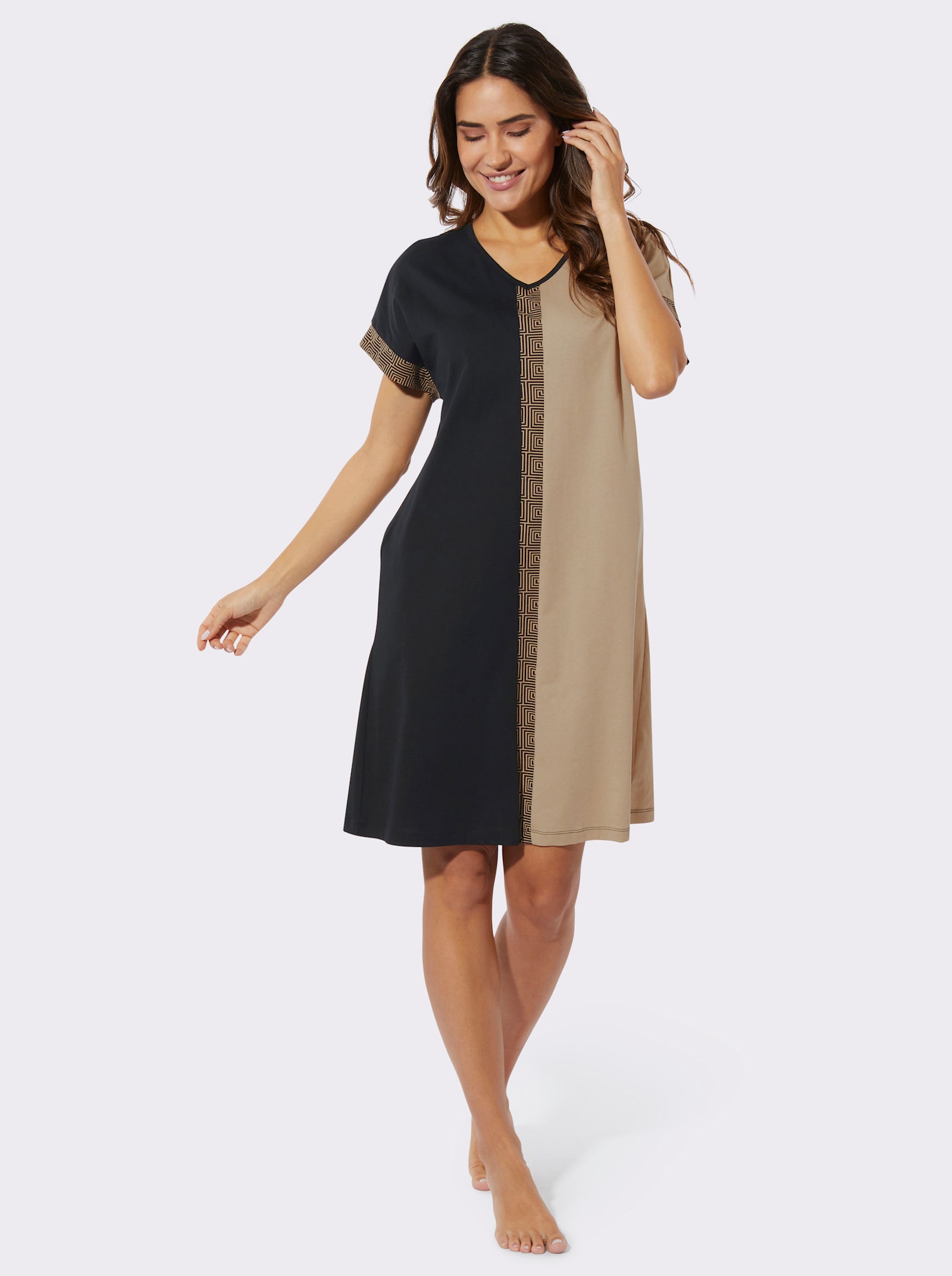 Nachthemd met grafische strepen - zwart/beige