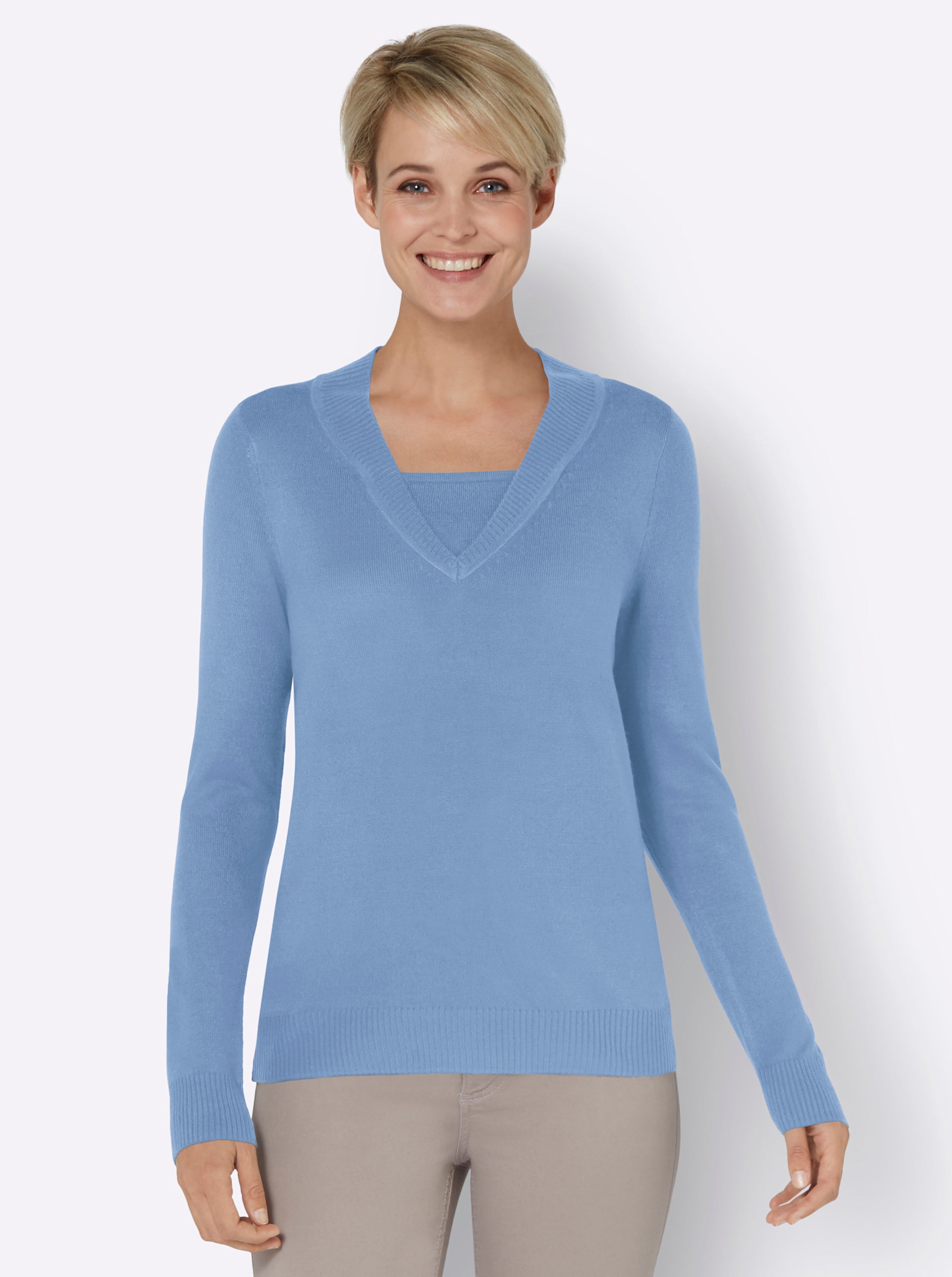 Witt Damen 2-in-1-Pullover mit V-Ausschnitt, weich, himmelblau