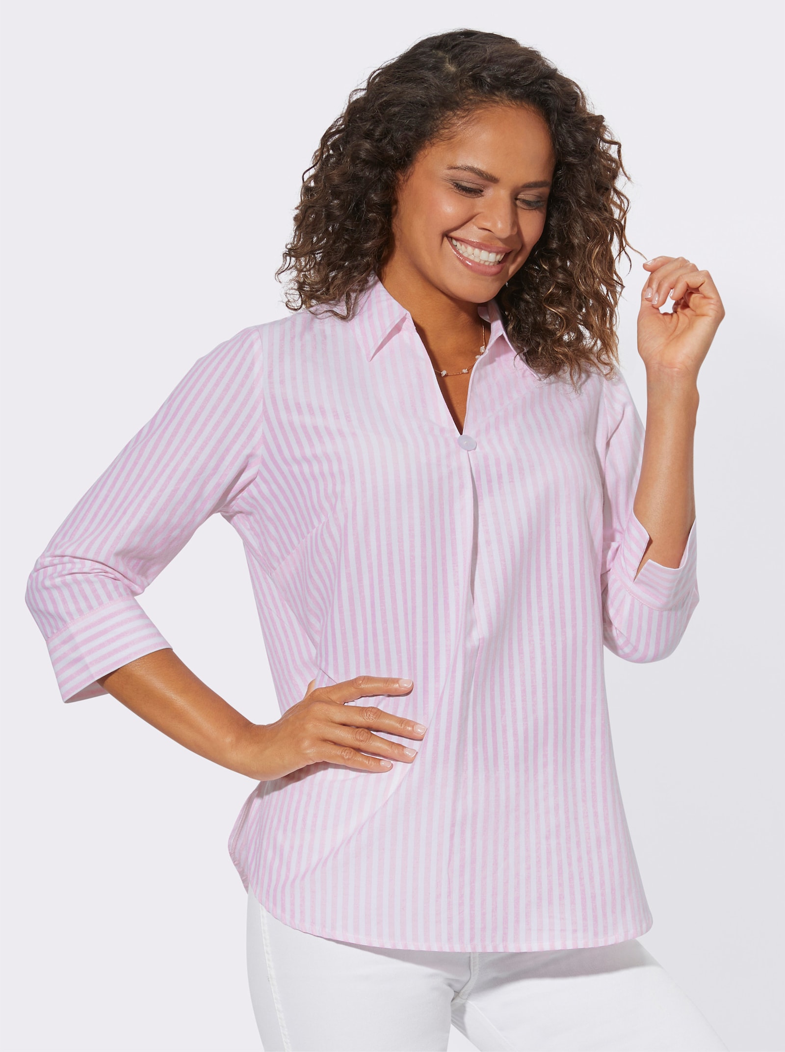 Pruhovaná blúzka s výstrihom do V - ružovo-biela pásikovaná