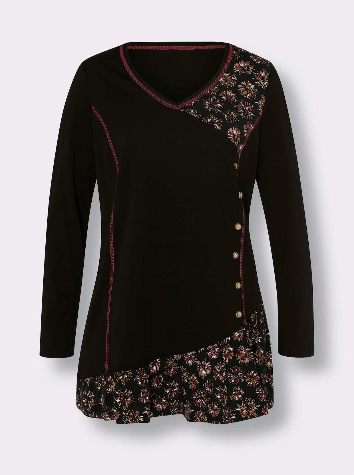 Lang shirt - zwart/roestrood bedrukt