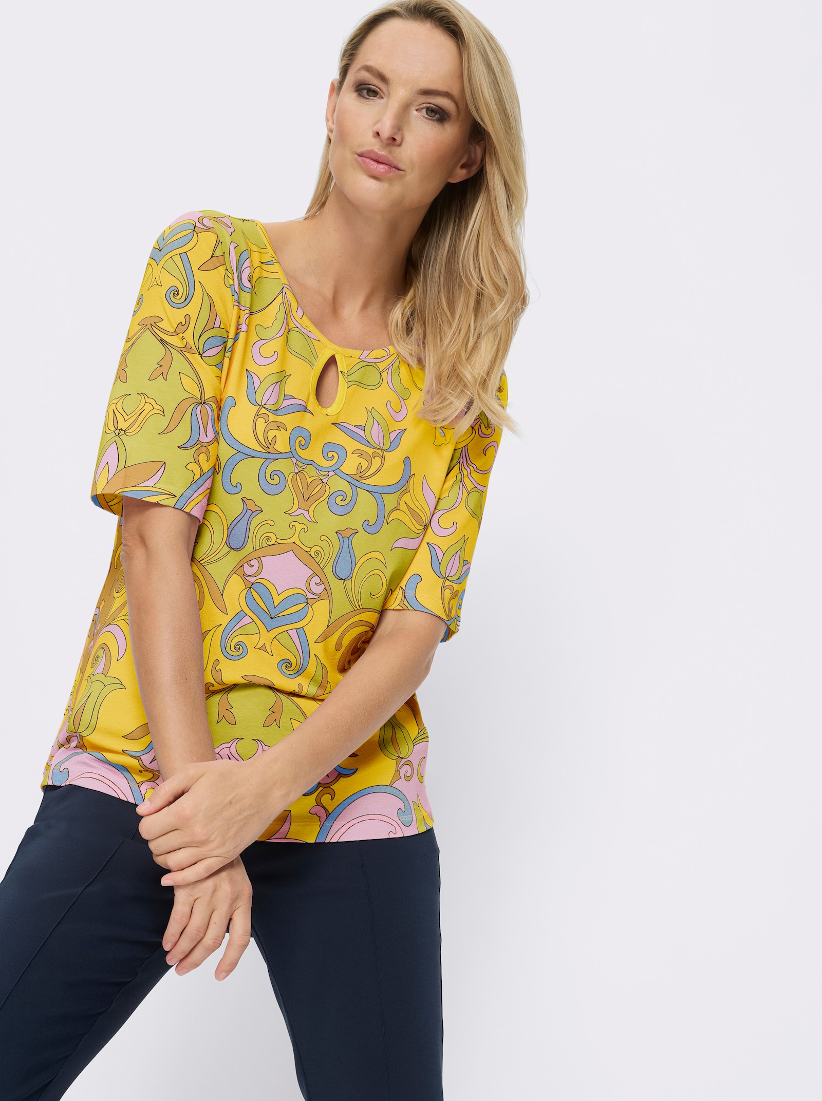 heine Kurzarmshirt mit Cut-outs - sonnengelb-limone-bedruckt