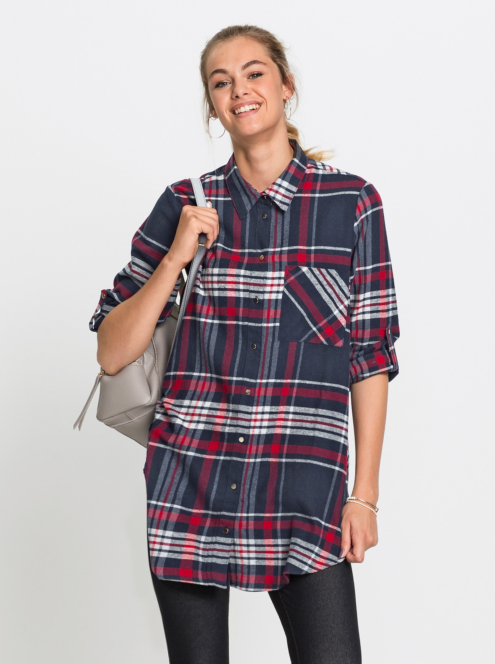 Baumwollbluse im Karomuster - marine-rot-gemustert