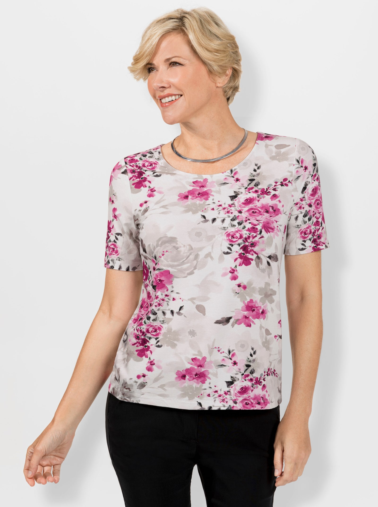 Rundhalsshirt mit Blumen-Print, Viskose - ecru-erika-bedruckt