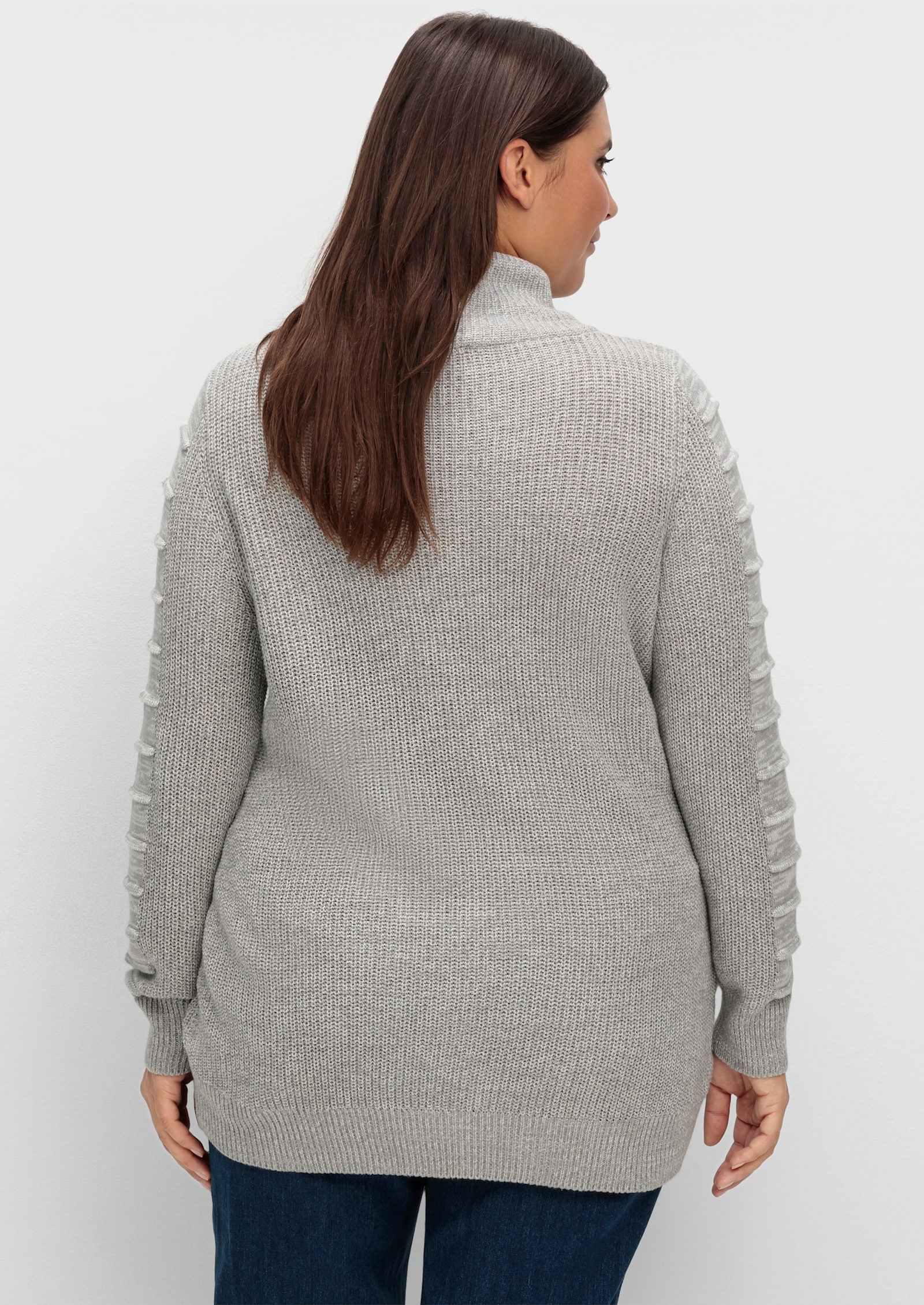 Longpullover mit Struktur-Partien - steingrau-weiß-meliert