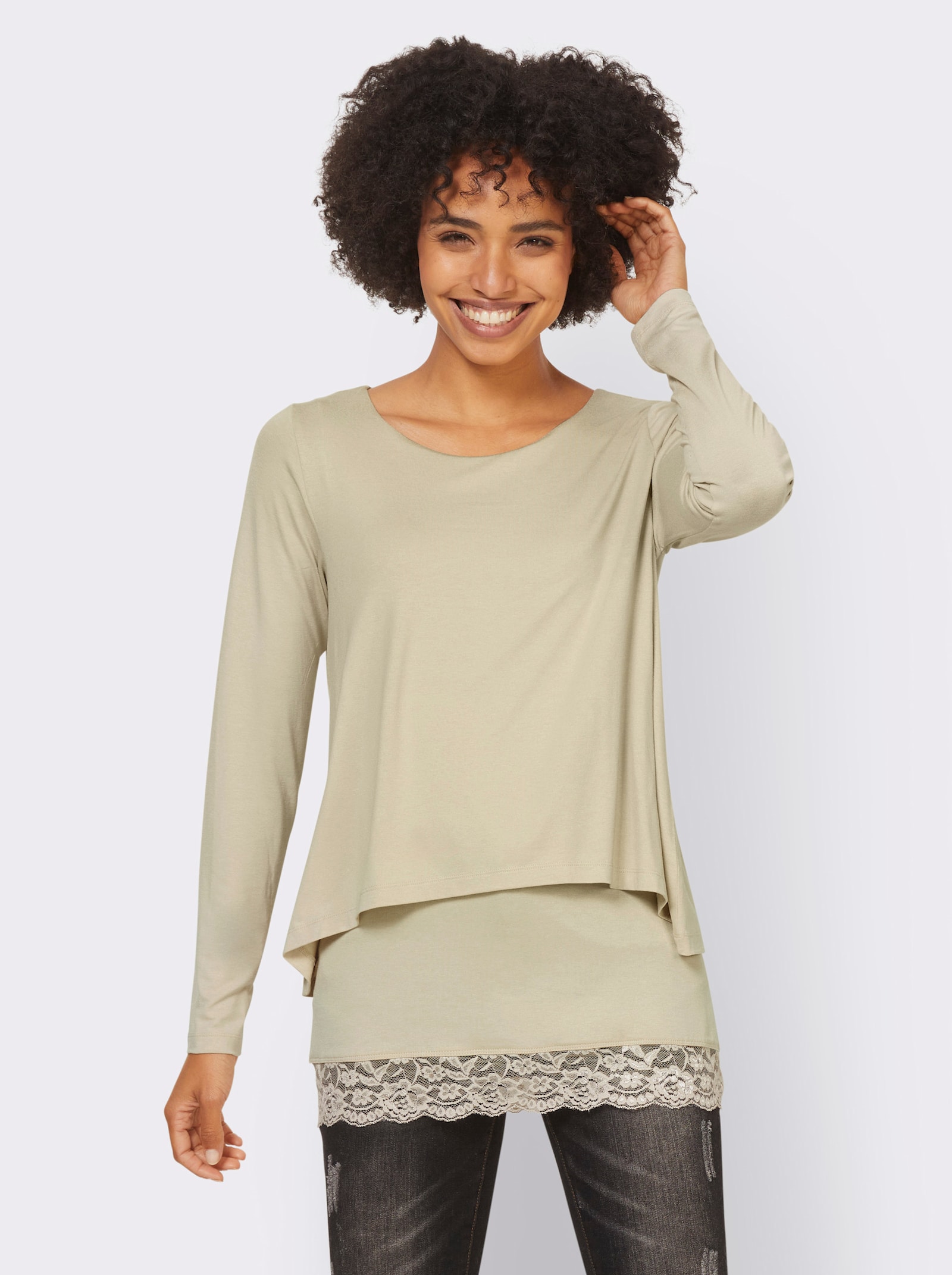 heine Shirt met lange mouwen en kanten zoom - zand