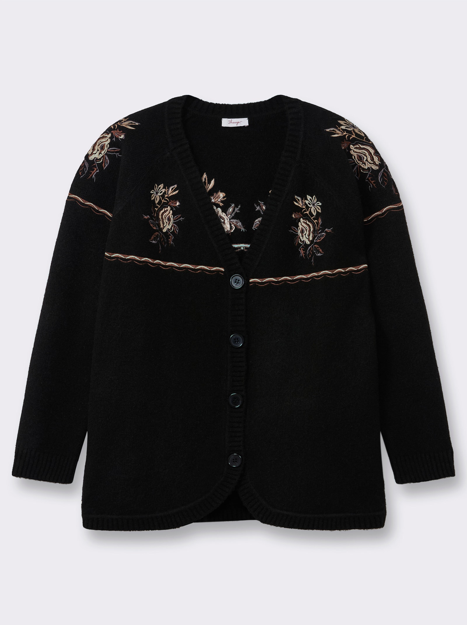 sheego Strickjacke mit floralem Intarsienmuster - schwarz-champagner-gemustert