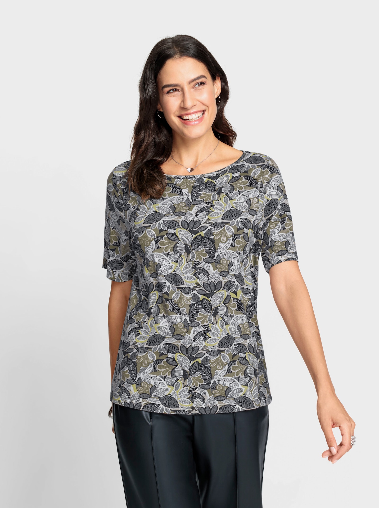 Print-Shirt mit paspeliertem U-Boot-Ausschnitt - khaki-lindgrün-bedruckt