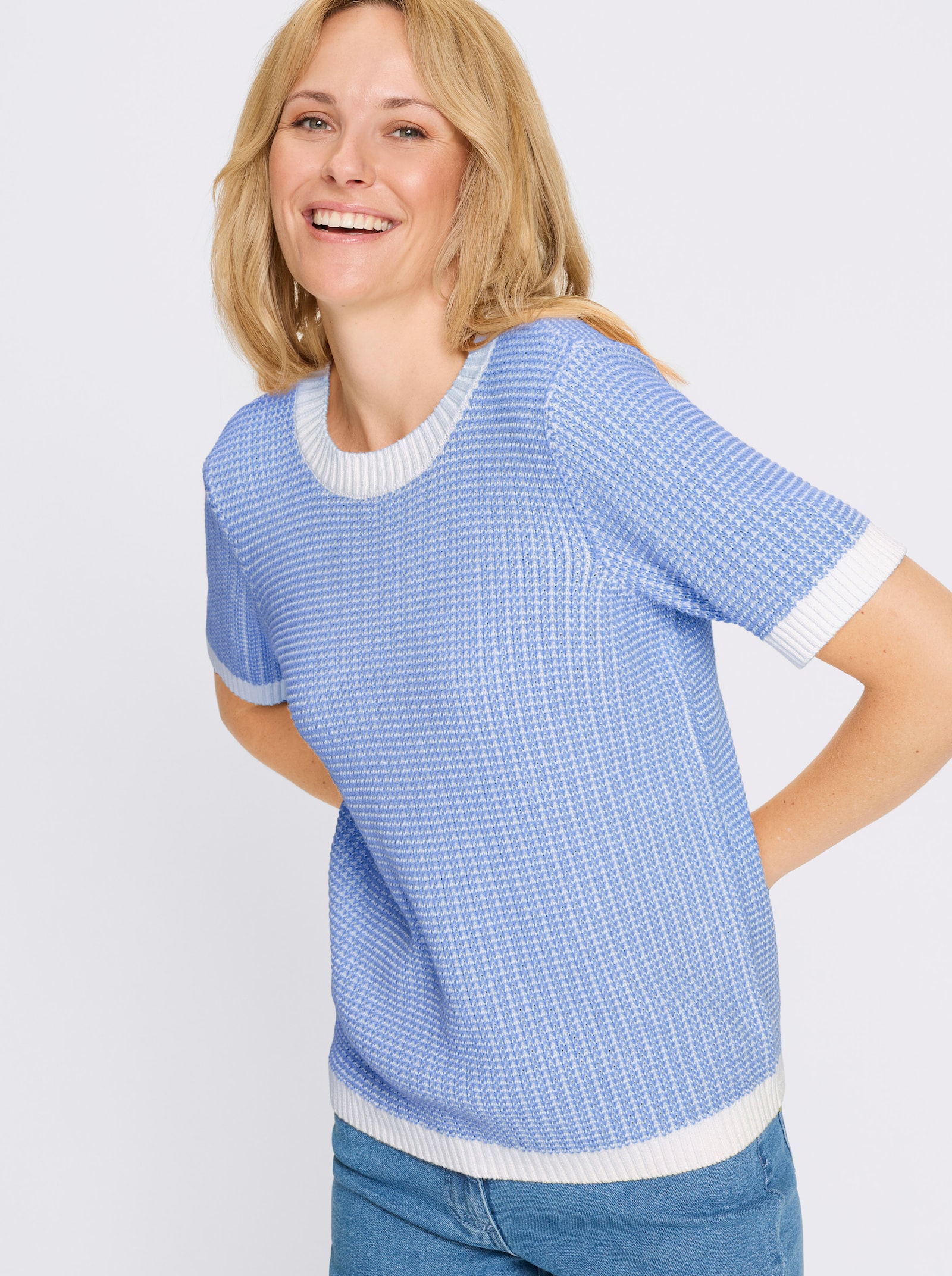 Pullover met korte mouwen van katoen - hemelsblauw/ecru gedessineerd