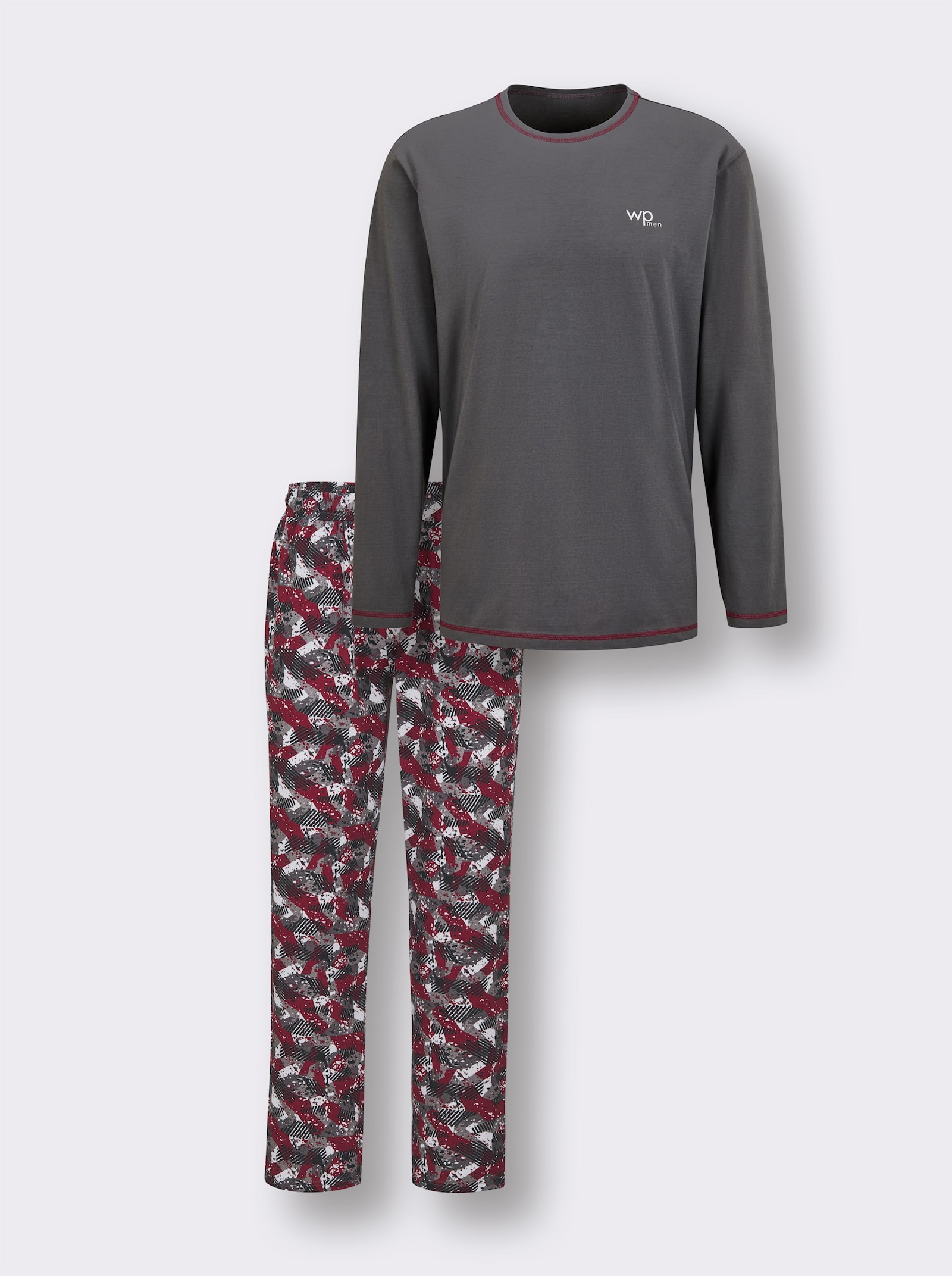 wäschepur men Schlafanzug - anthrazit-dunkelrot-bedruckt