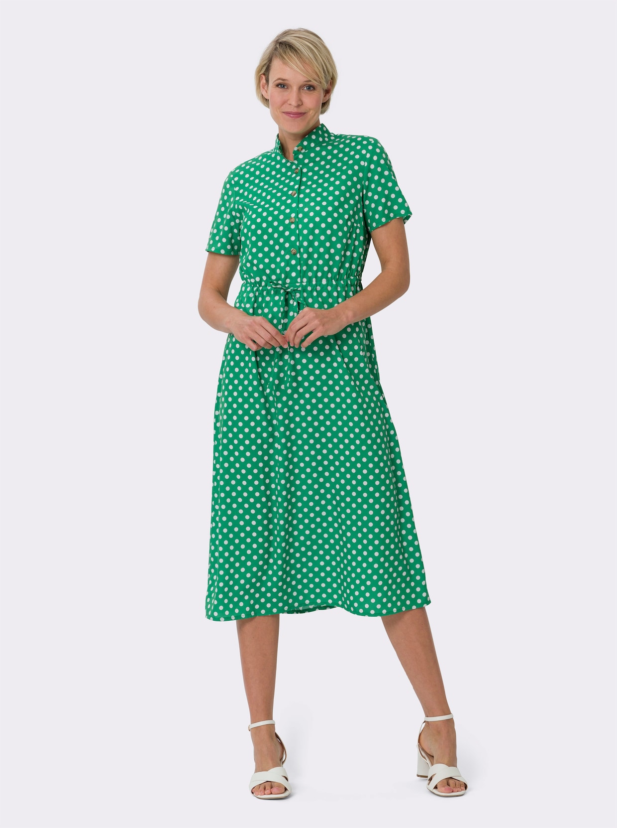 Šaty s rozšířeným střihem - trávově zelená-bílá-puntík