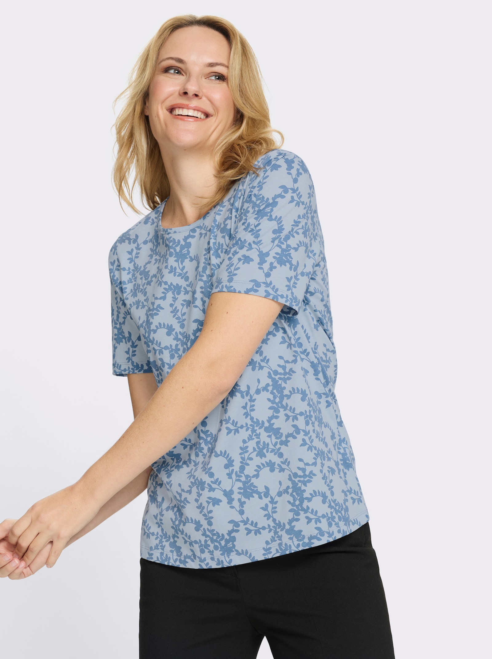 Kurzarmshirt mit floralem Muster - eisblau-himmelblau-bedruckt