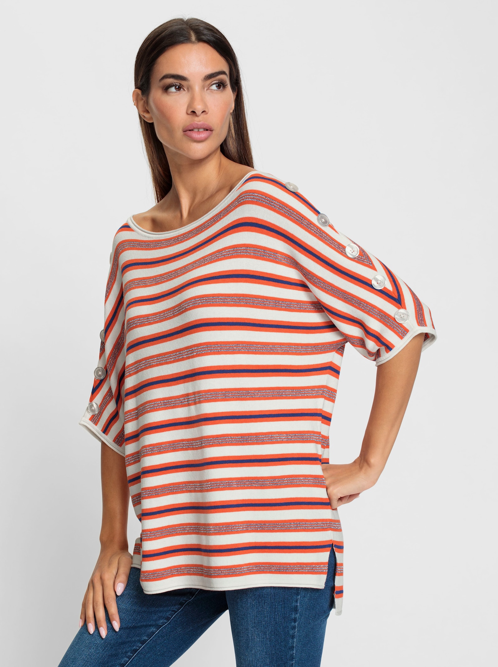 heine Gestreepte pullover met vleermuismouwen - wit/oranje gestreept