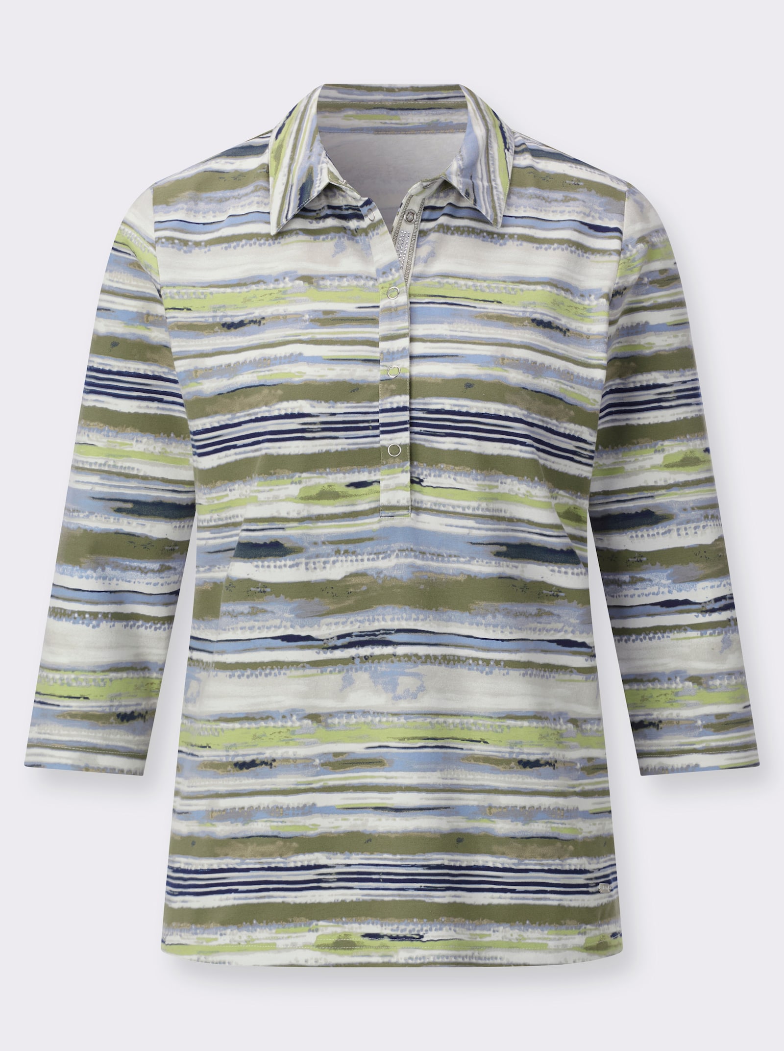 Poloshirt mit Glitzersteinchen am Kragen - schlamm-bleu-geringelt