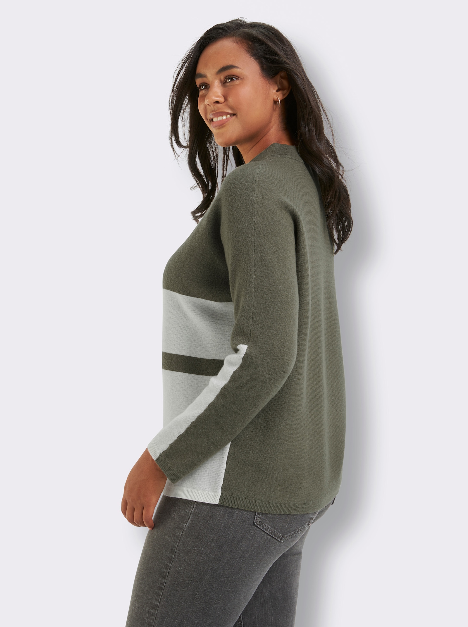 Jacquard-Pullover , Rückenteil einfarbig - khaki-ecru-gemustert