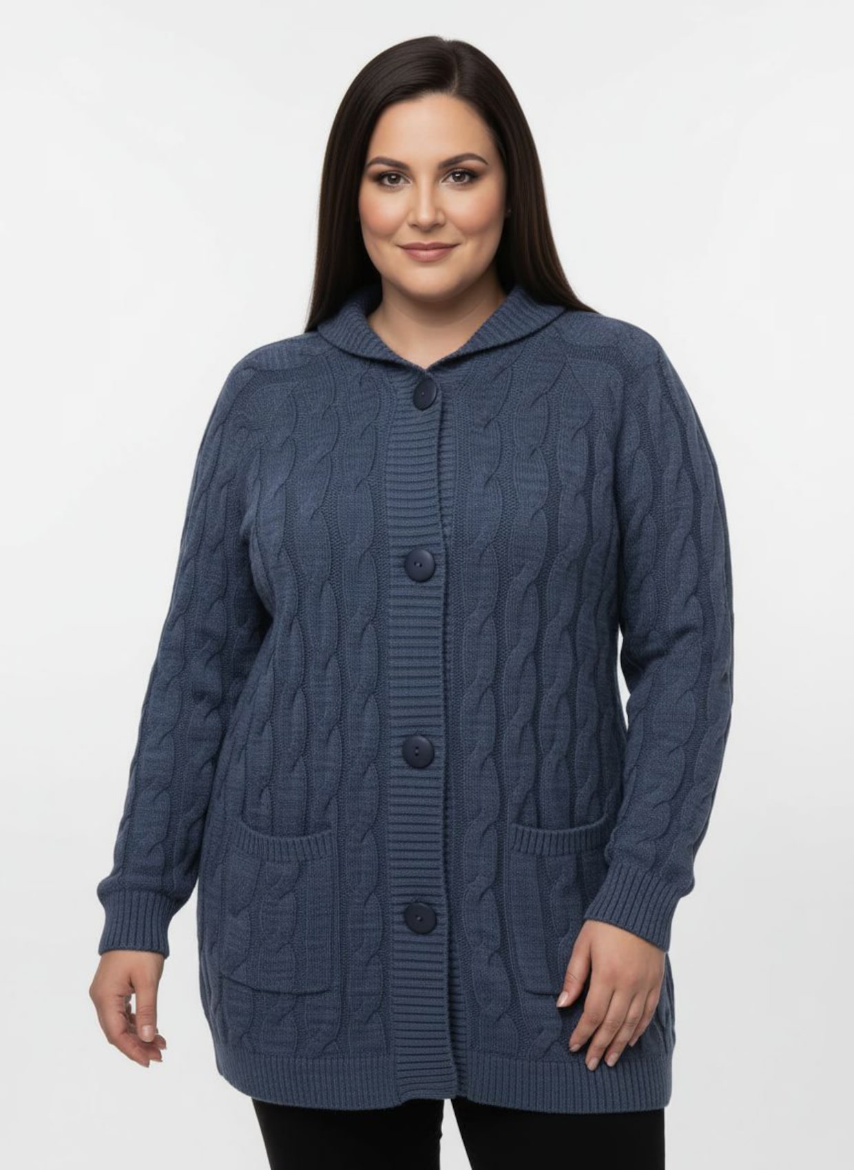 Longstrickjacke mit Zopf-Strickmuster - rauchblau