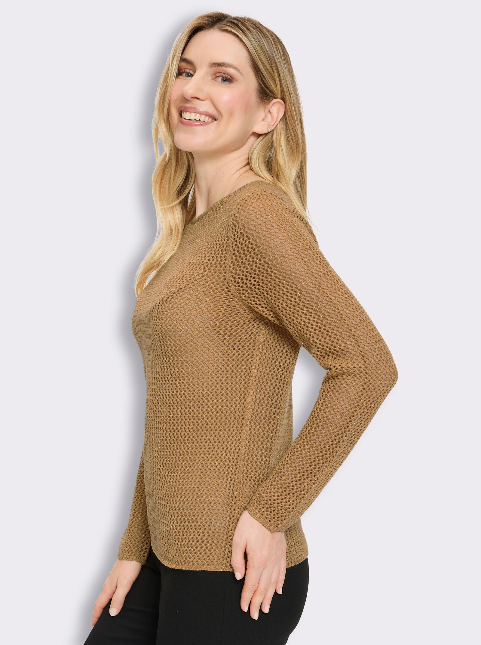 Ajourpullover mit goldfarbenem Effektgarn - camel