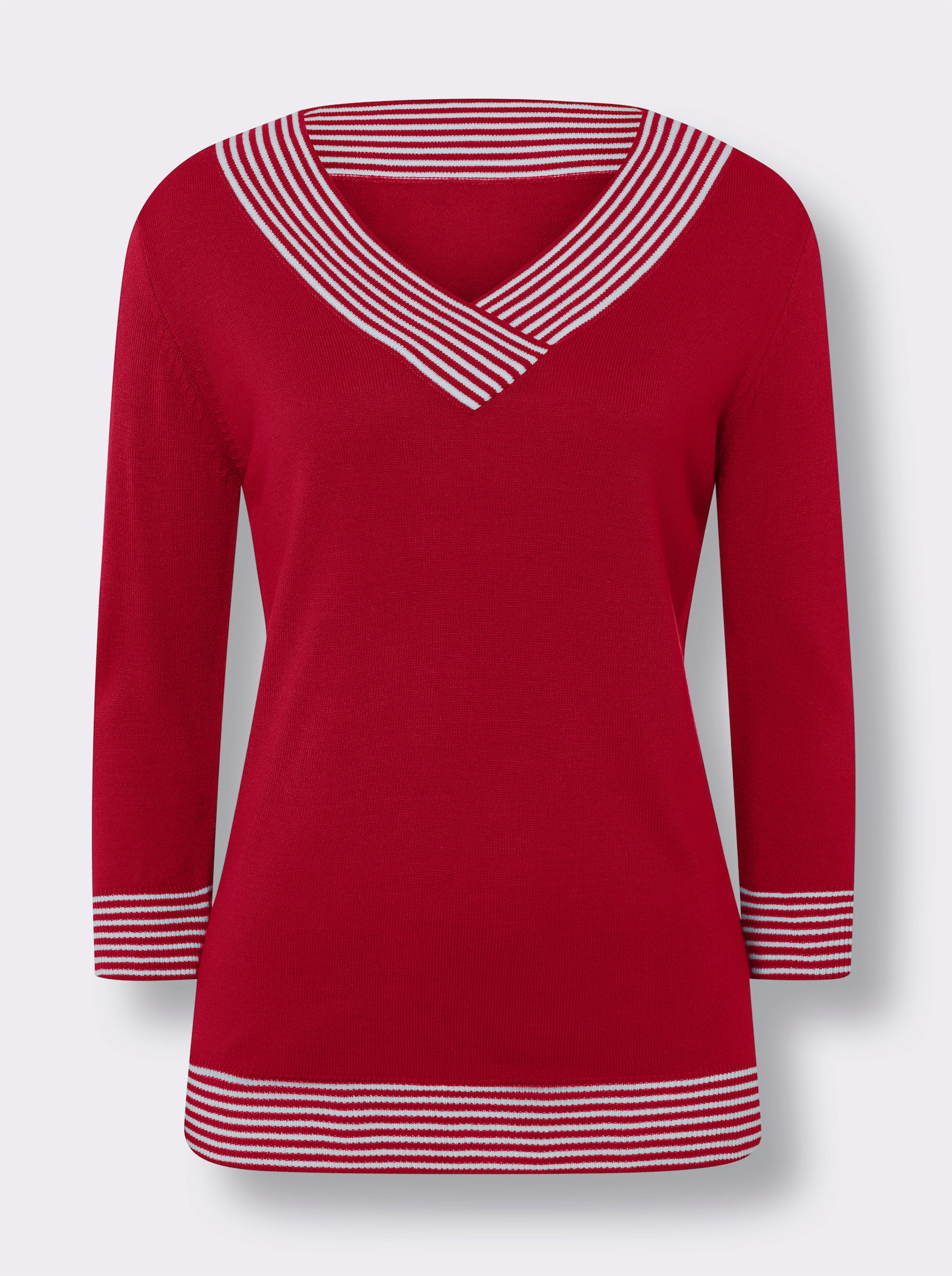Pullover met 3/4-mouwen en V-hals - rood/wit