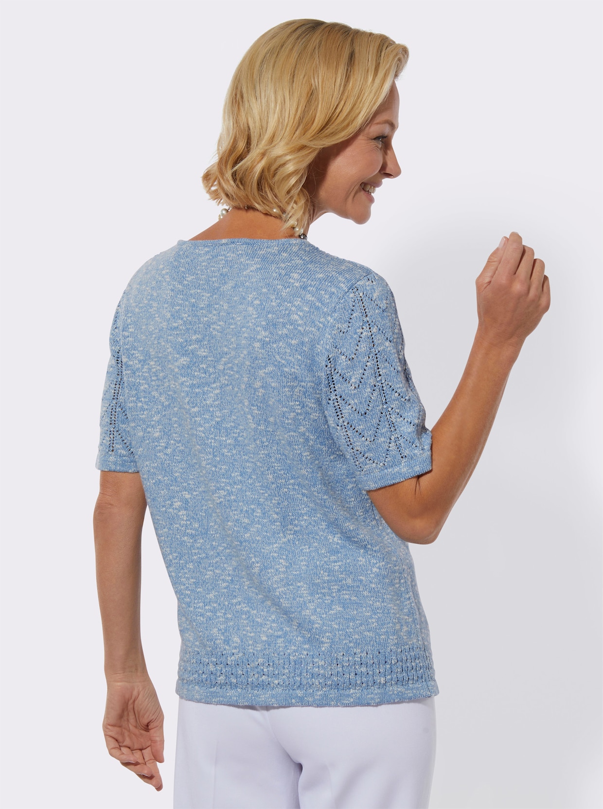 Ajourpullover - himmelblau-ecru-meliert