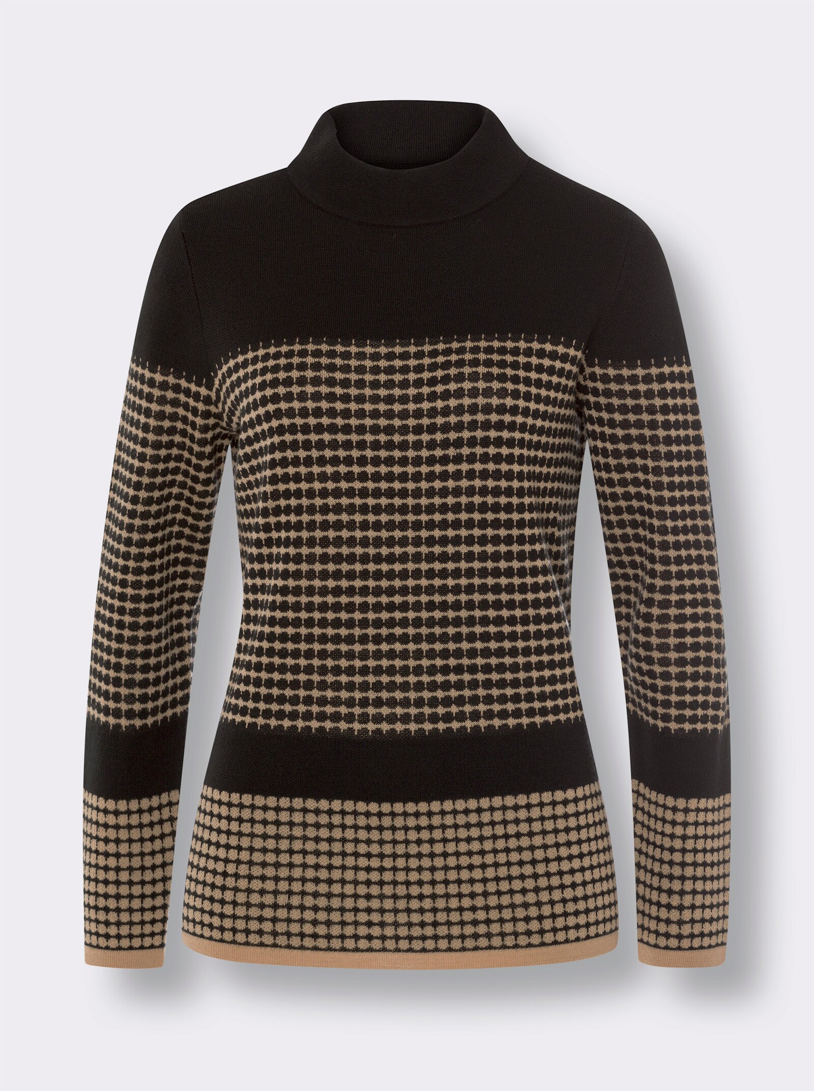 Žakárový svetr dvoubarevného vzhledu - velbloudí-černá-vzor