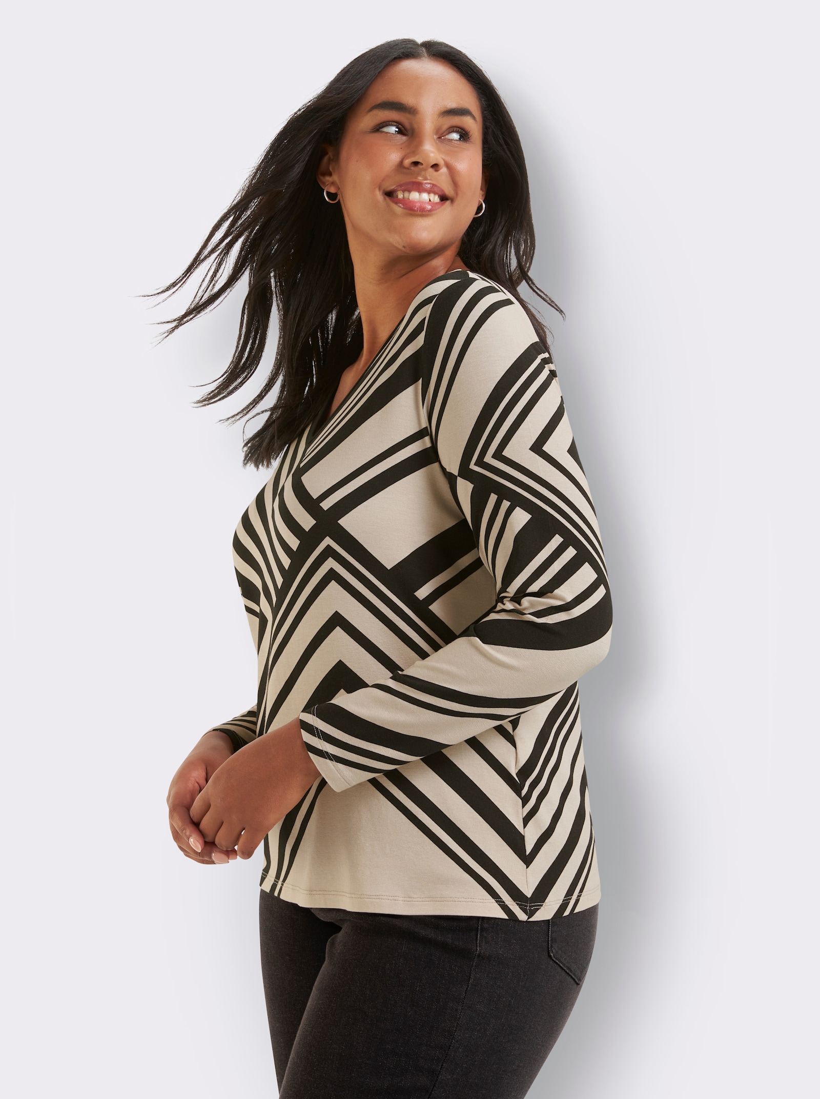 Langarmshirt mit Grafik-Druck - schwarz-sand-bedruckt
