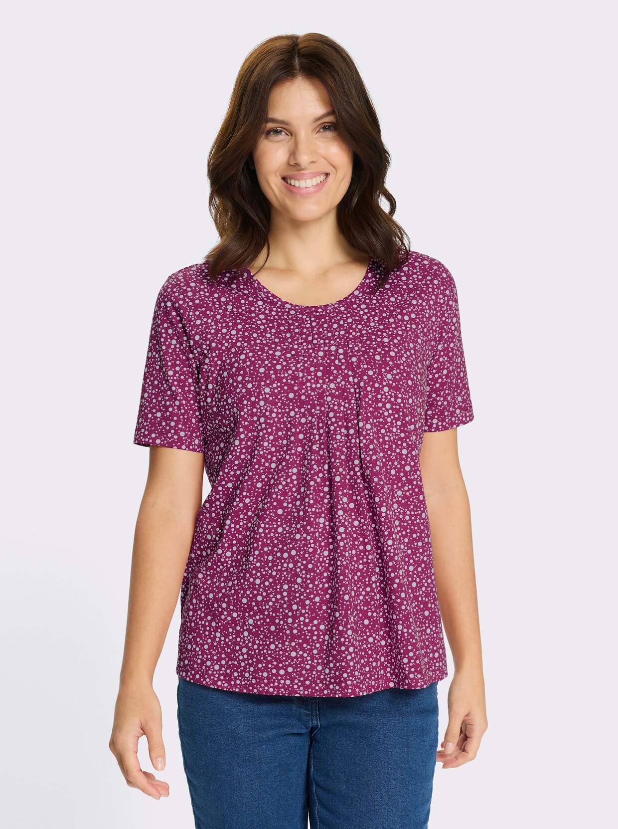 Kurzarmshirt im Punktedessin - magenta-weiß-bedruckt