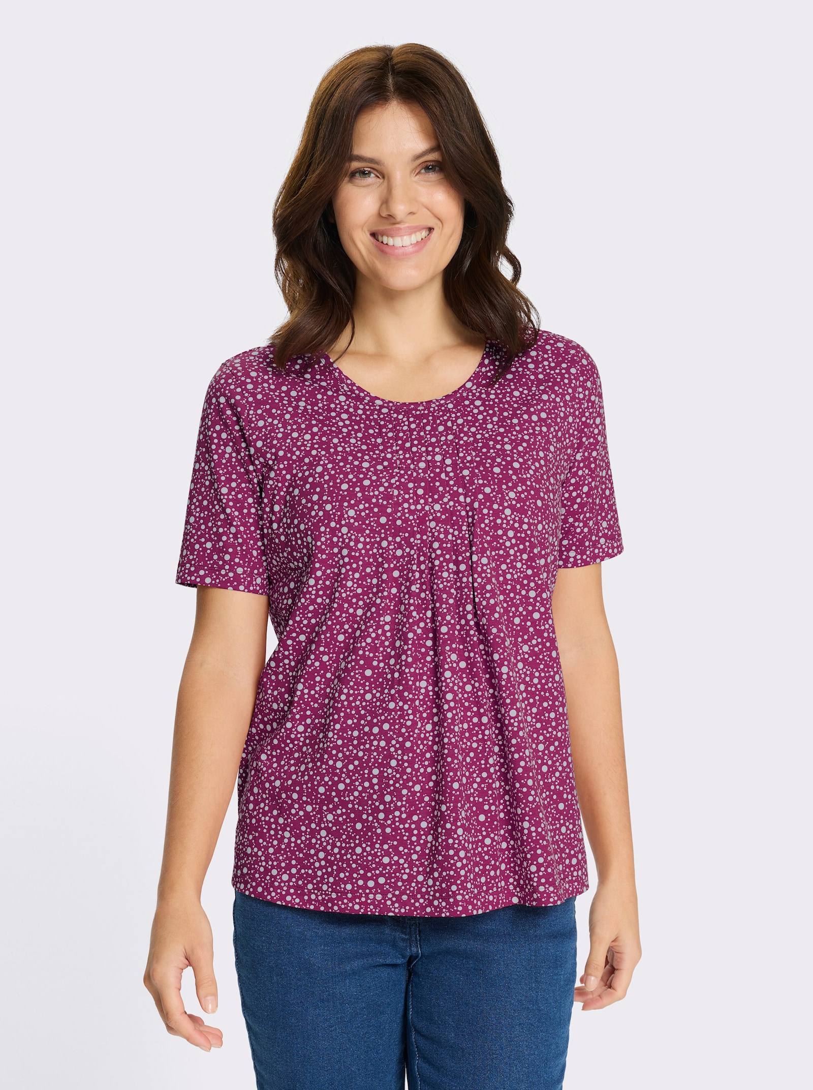 Kurzarmshirt im Punktedessin - magenta-weiß-bedruckt