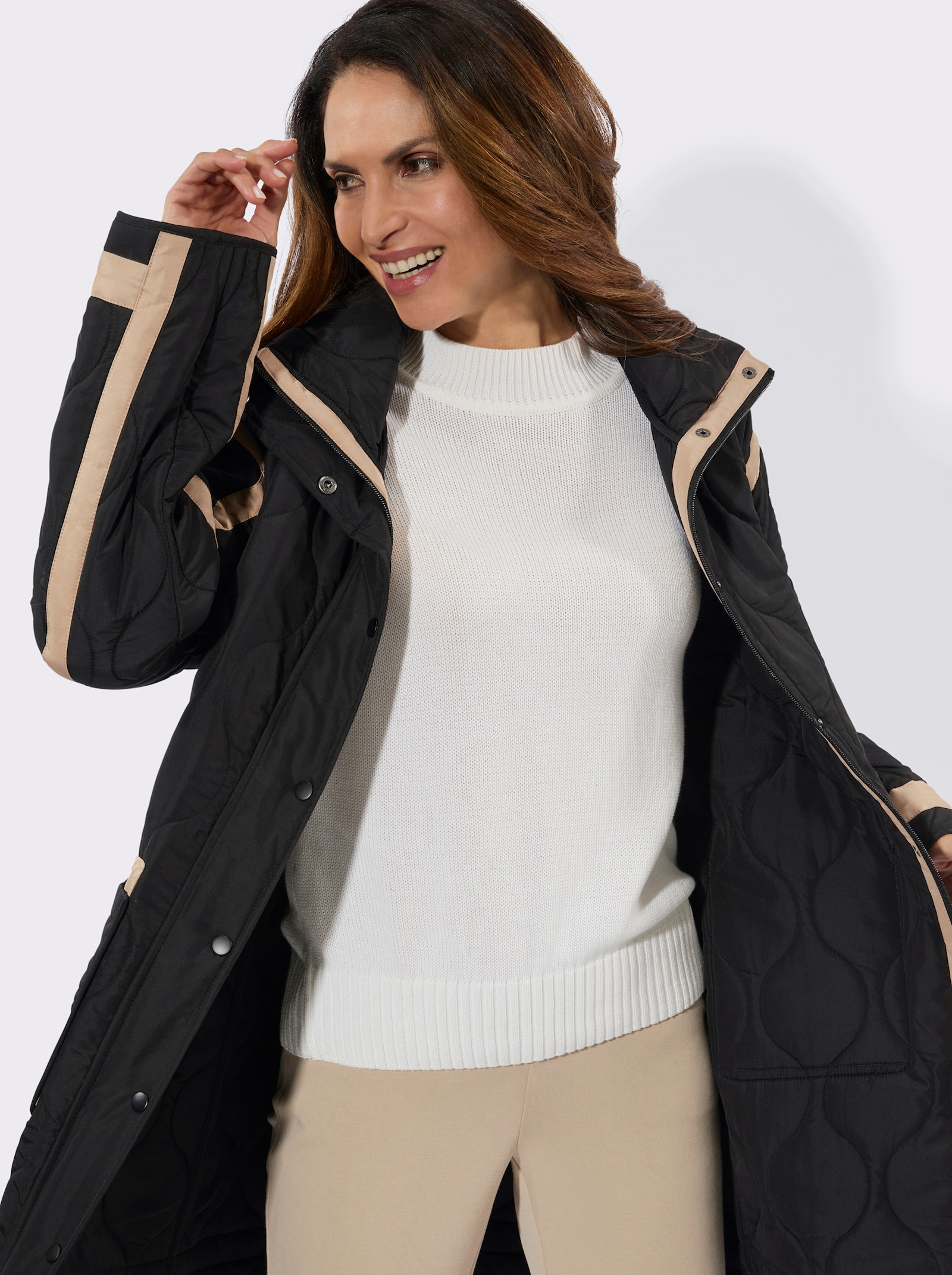 Steppjacke in Longform - schwarz-camel