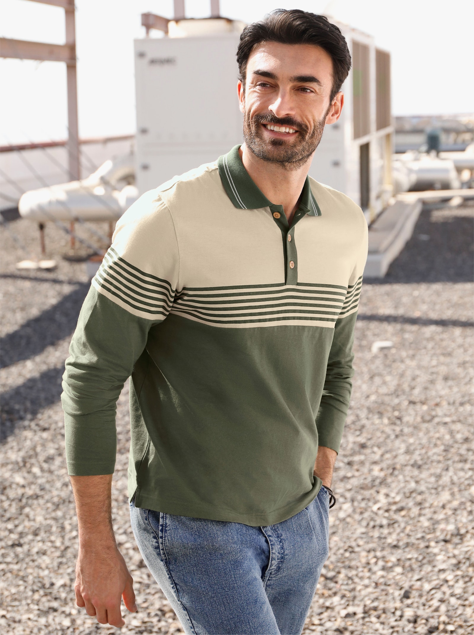 Marco Donati Polokošeľa s dlhými rukávmi a plochým pleteným golierom - Kaki-piesková