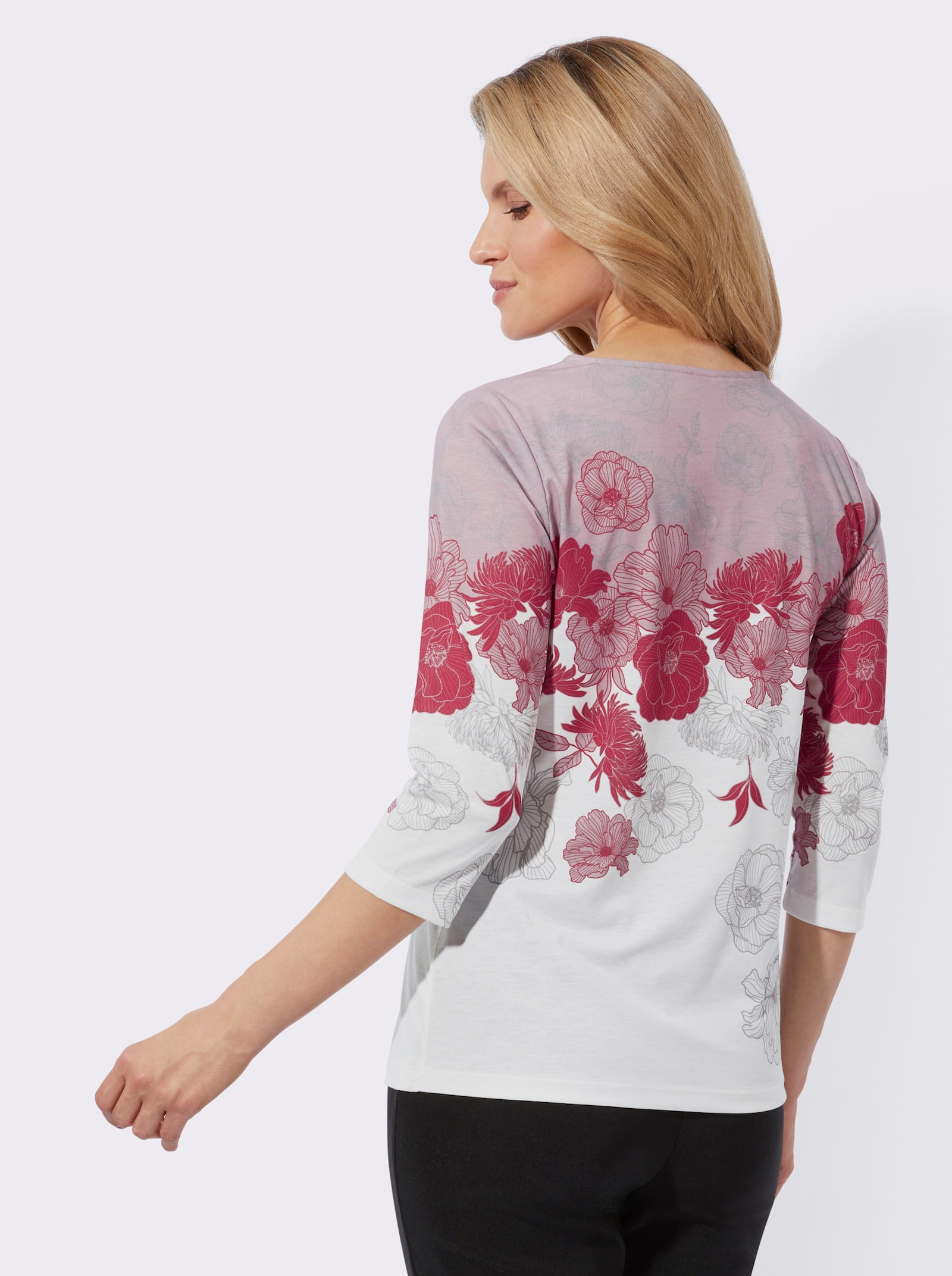 Shirt met 3/4-mouwen en filigrane bloemen - ecru/mauve bedrukt