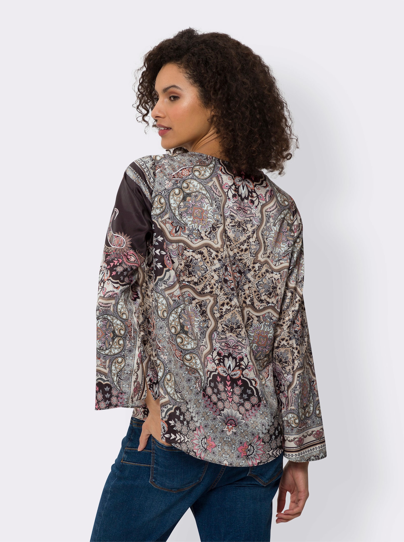 heine Satijnen blouse met trompetmouwen - grafiet/camel bedrukt