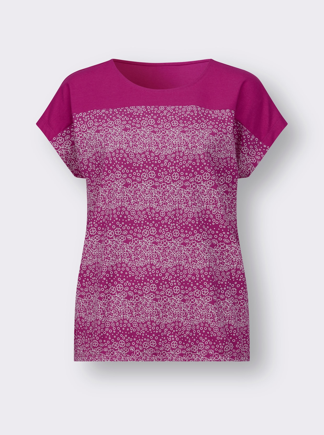 Rundhalsshirt - magenta-ecru-bedruckt