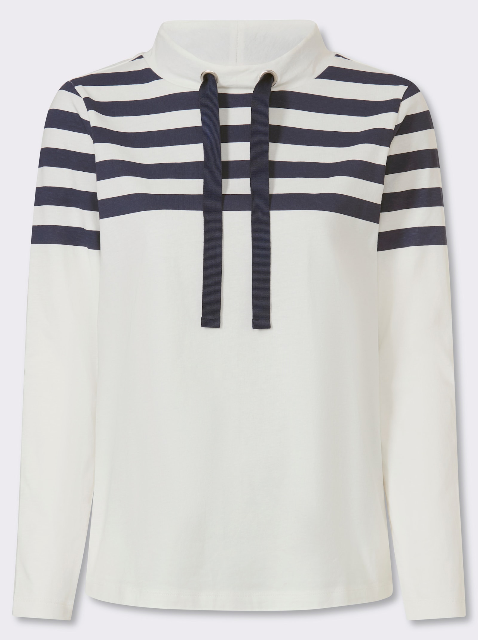 Stehkragenshirt mit Streifenmuster - ecru-marine-bedruckt