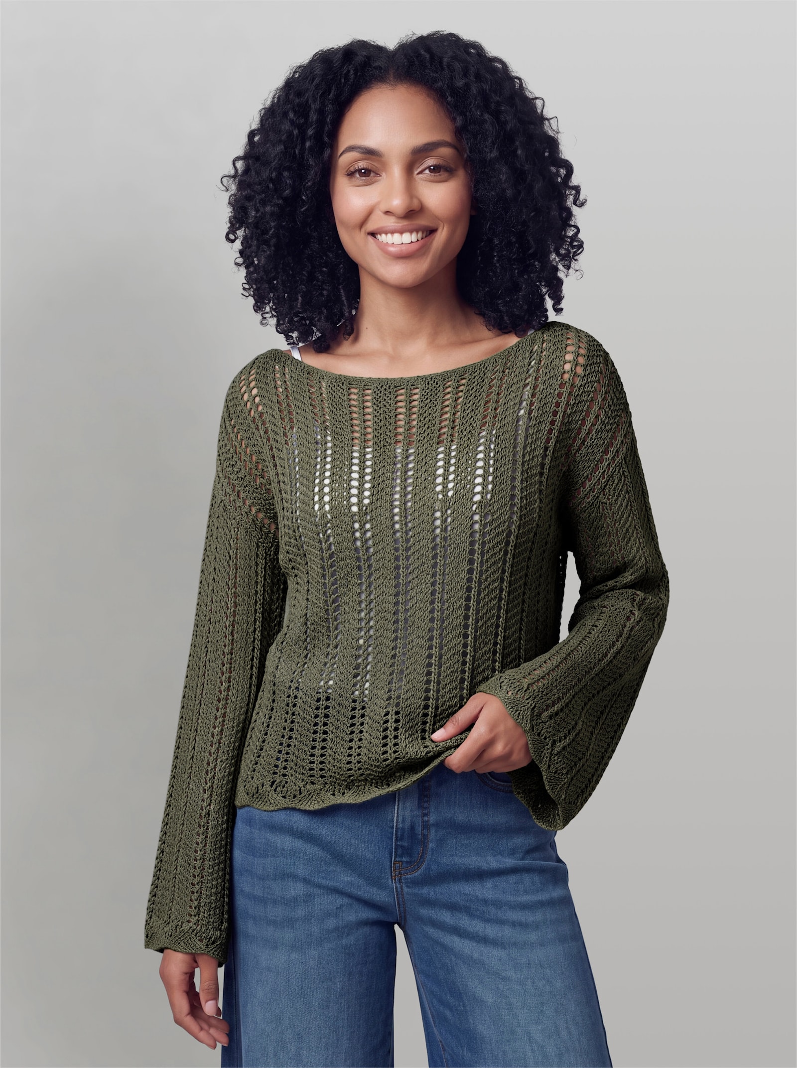 heine Pullover mit U-Boot-Ausschnitt - khaki