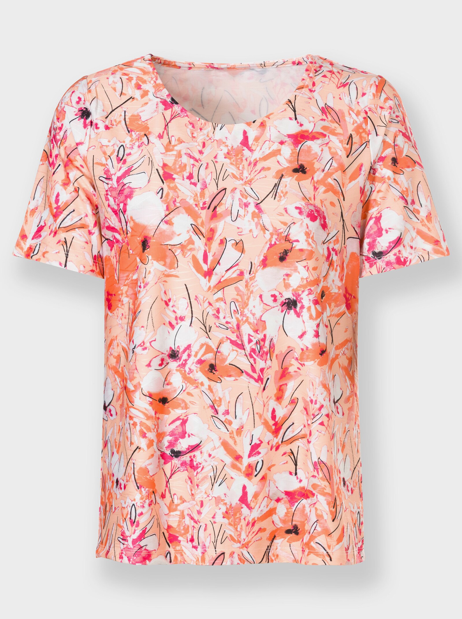 Rundhalsshirt im floralen Dessin - apricot-ecru-bedruckt