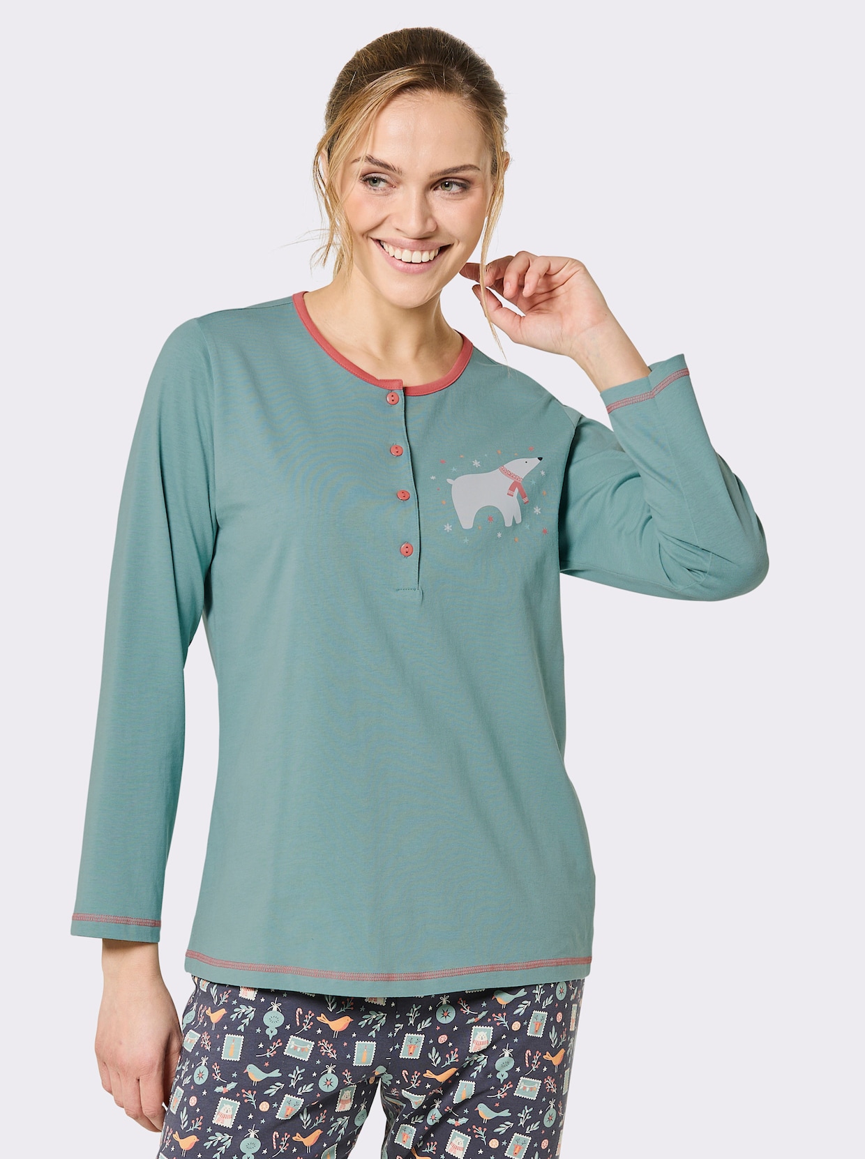 Comtessa Schlafanzugshirt mit kontrastfarbigen Ziernähten - ozean-koralle