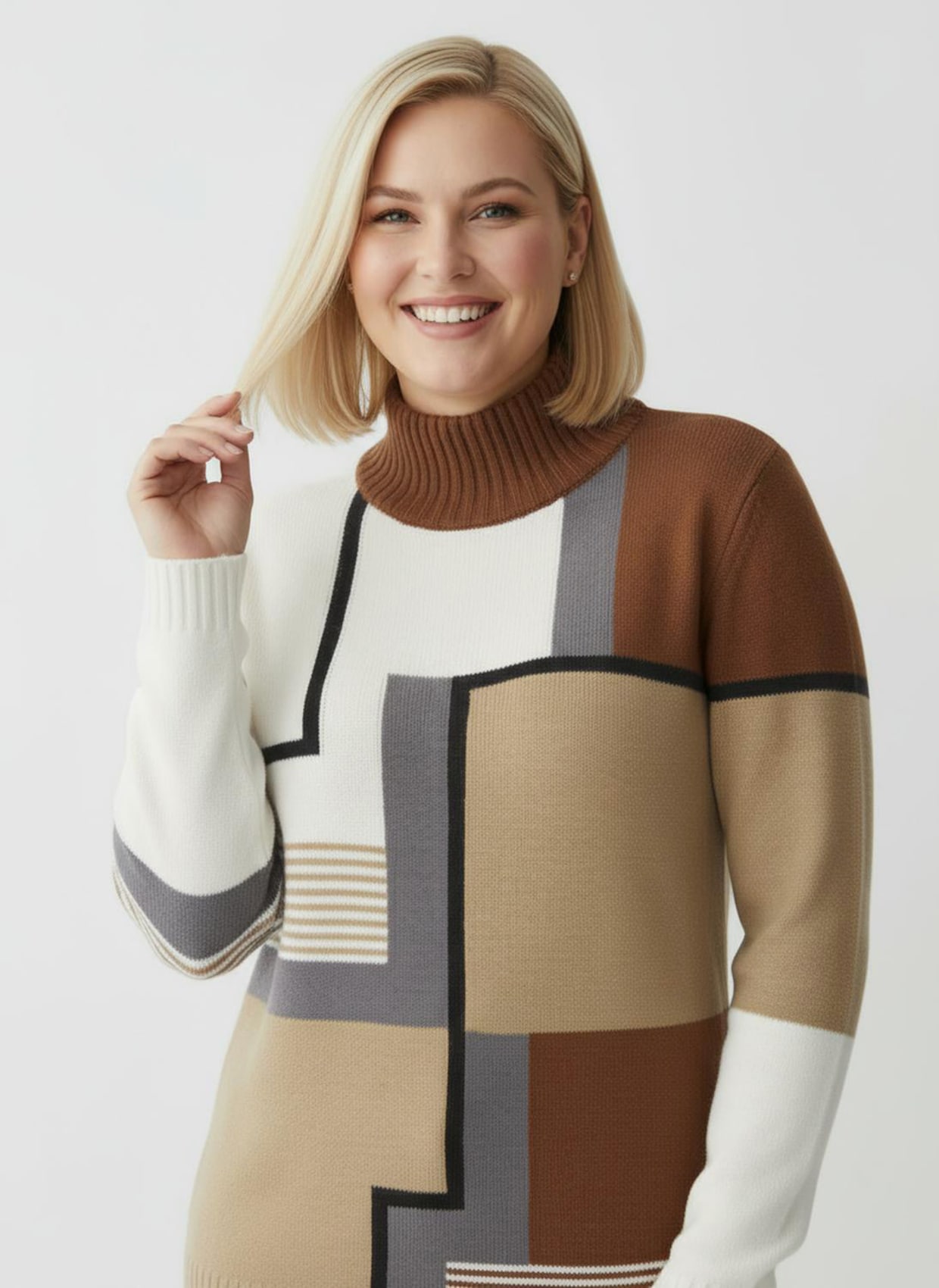 Stehkragenpullover mit Intarsien-Strick - ecru-camel-gemustert