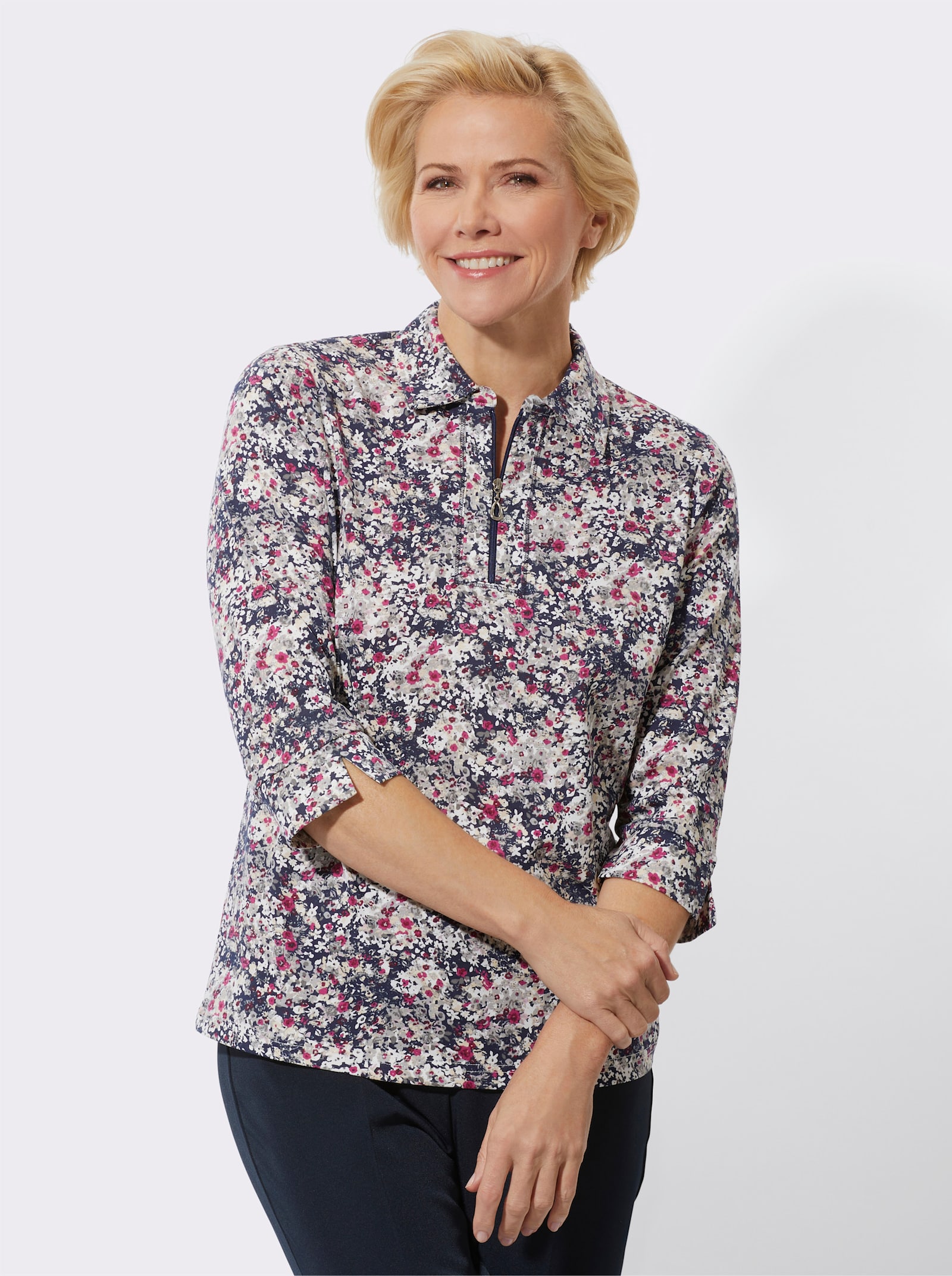 Poloshirt met glittersteentjes op de kraag - marine/heide bedrukt