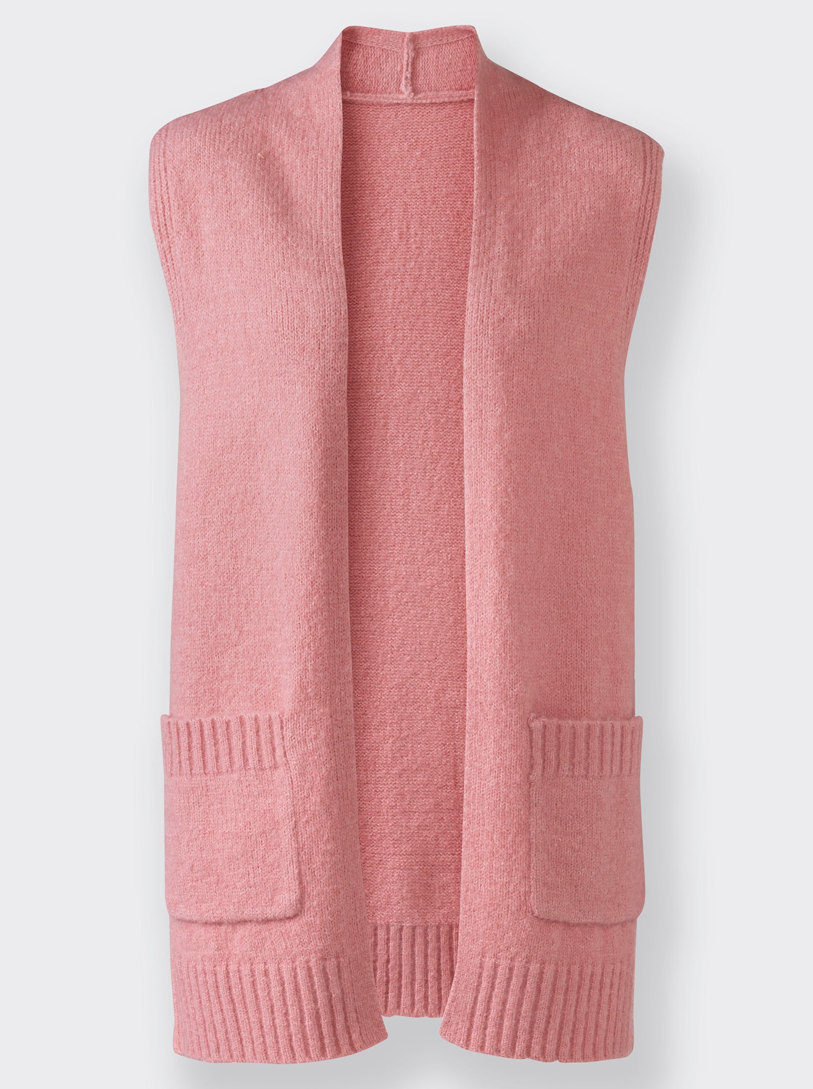 Lange bodywarmer van gemêleerd garen - rozenkwarts gemêleerd