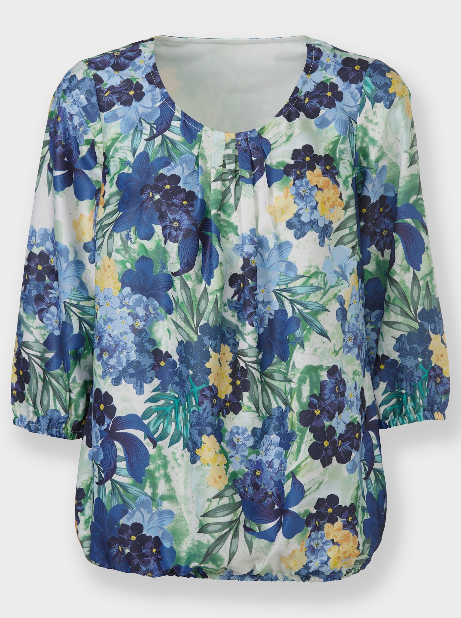 Schlupfbluse mit Gummizug an Ärmeln und Saum - royalblau-smaragd-bedruckt