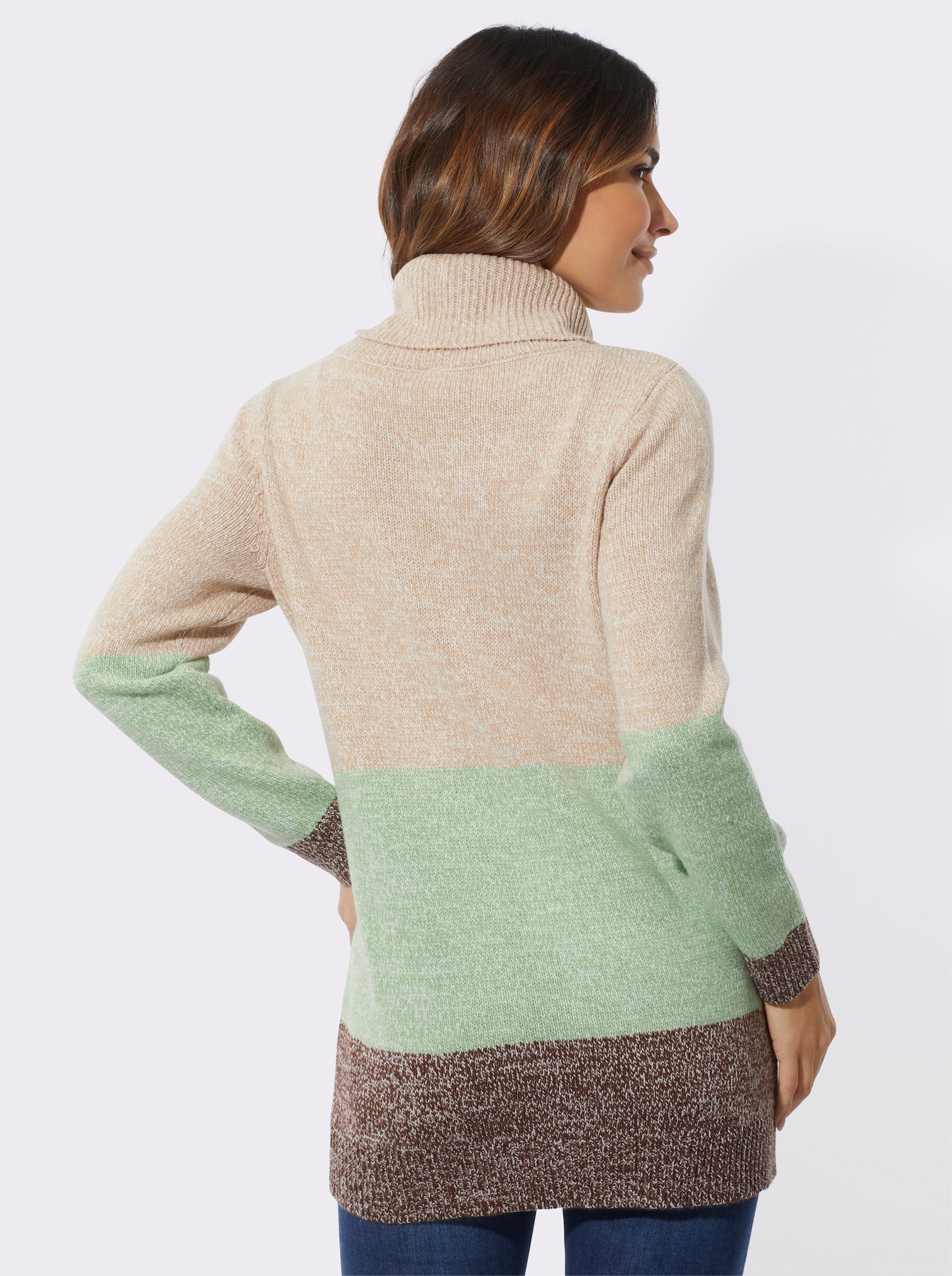 Lange pullover in colour-blocking-dessin - beige/eucalyptus gedessineerd