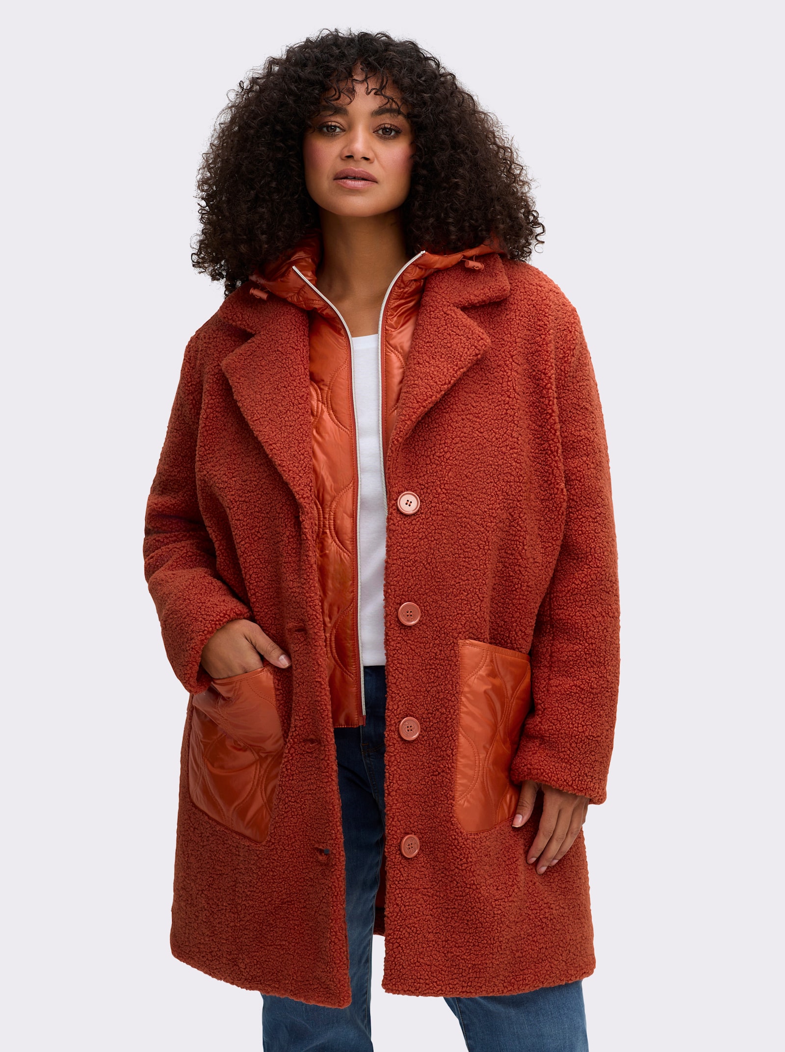 sheego Fleecemantel in 2-in-1-Optik - rostrot