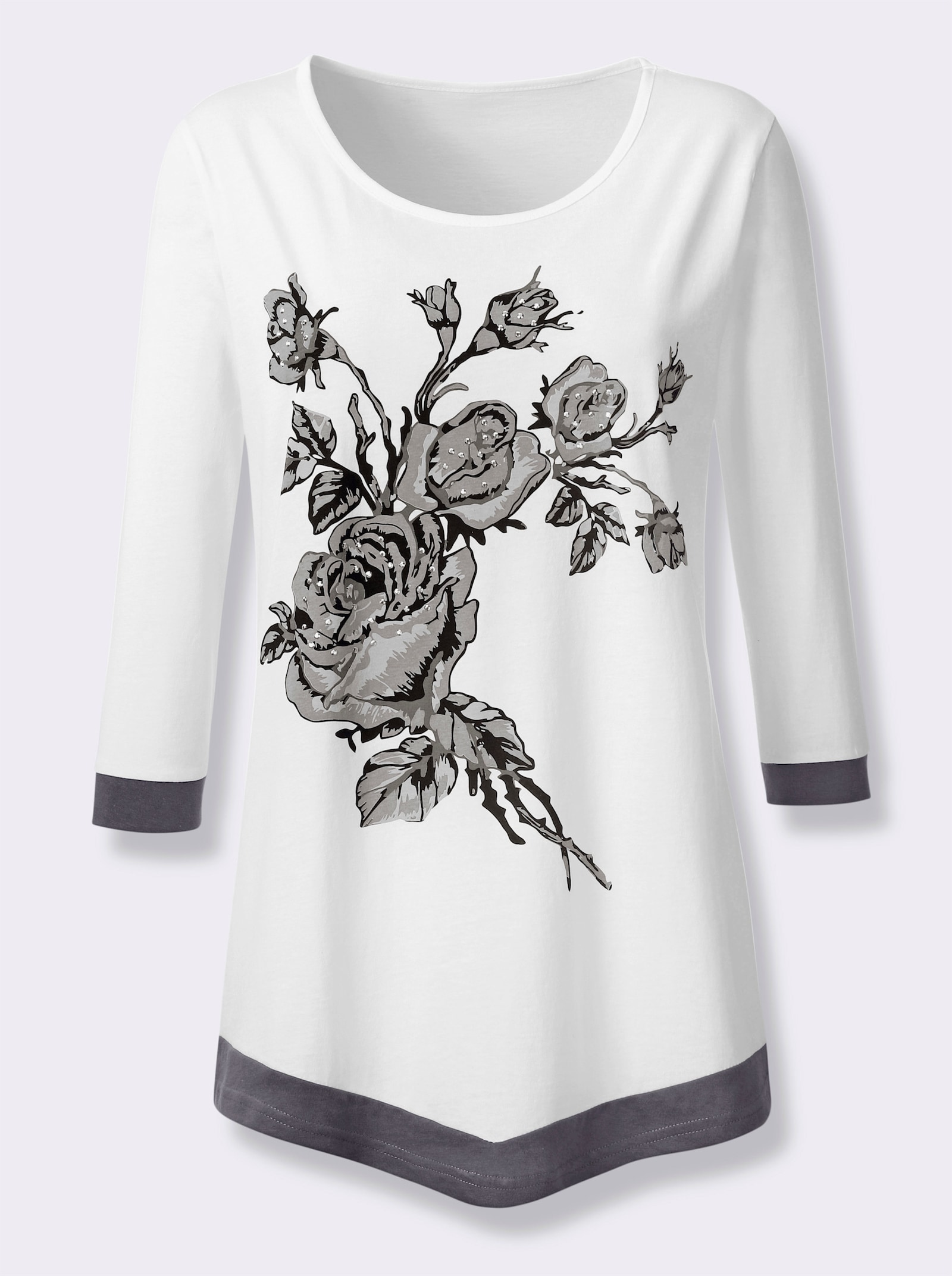 Tunikashirt mit Glitzersteinchen - ecru-anthrazit-bedruckt