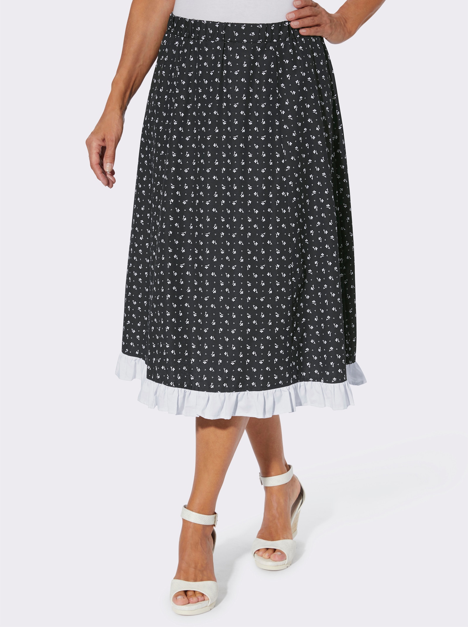 Schlupfrock mit Rüschen - schwarz-ecru-bedruckt